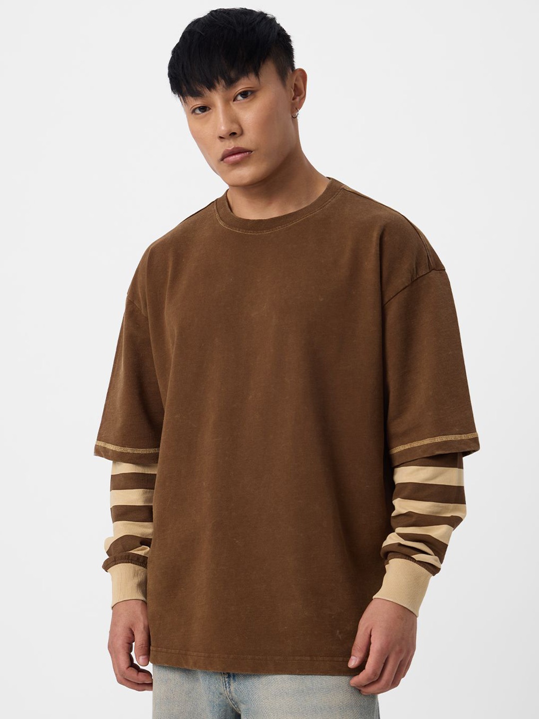 

The Souled Store Men Solid Round Neck Cotton Oversized T-shirt, Brown