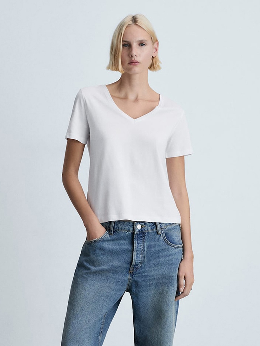 

MANGO V-Neck Pure Cotton T-shirt, White