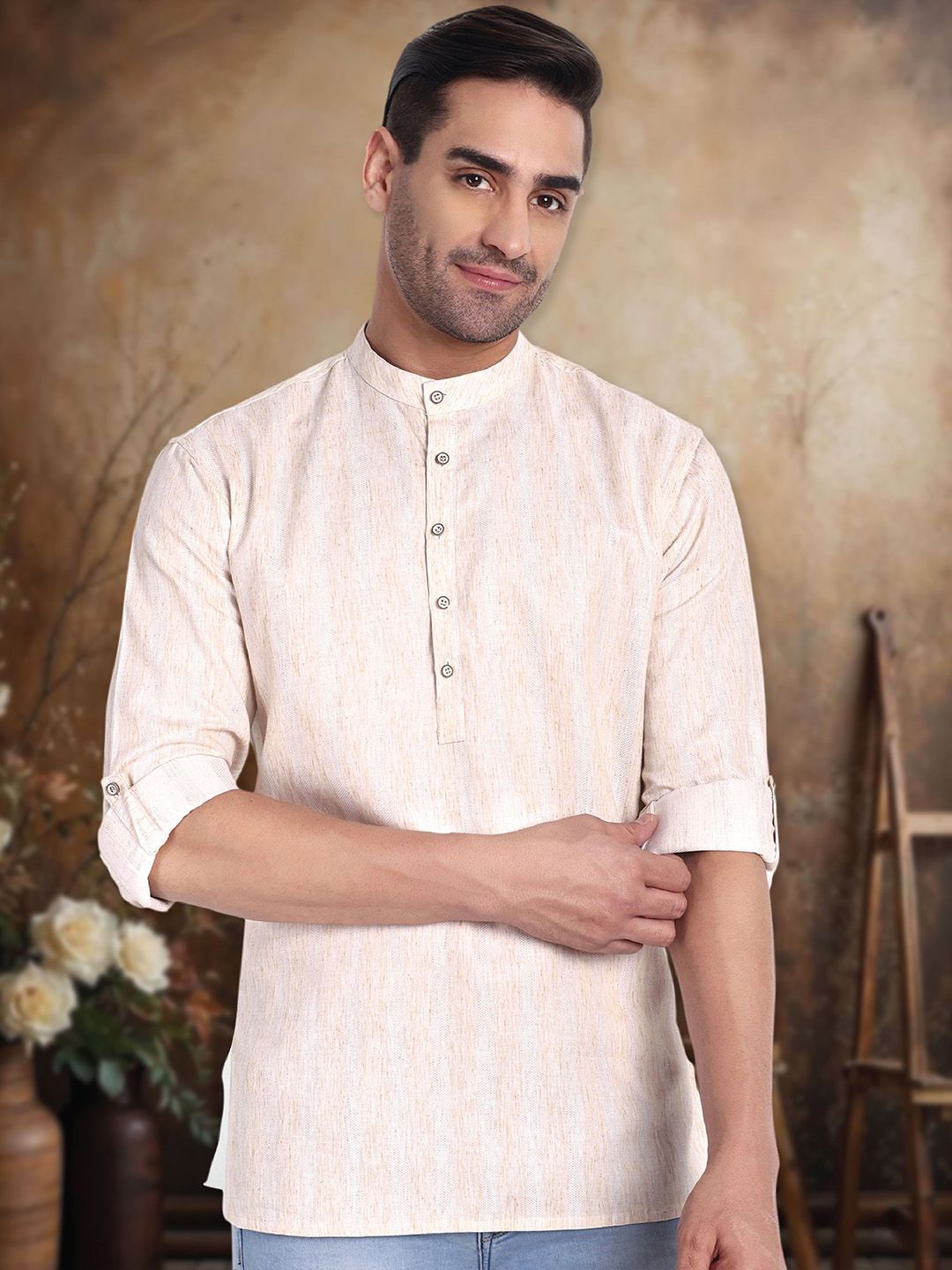 

Tesmare Striped Woven Design Band Collar Roll-Up Sleeves Pure Cotton Straight Short Kurtas, Beige