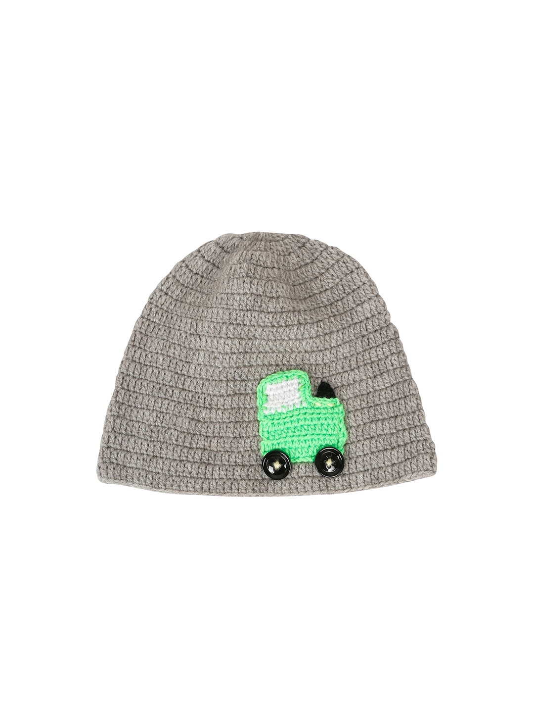 

LITTLE GINNIE Kids Grey & Green Self Design Car Embroidered Crochet Woollen Beanie