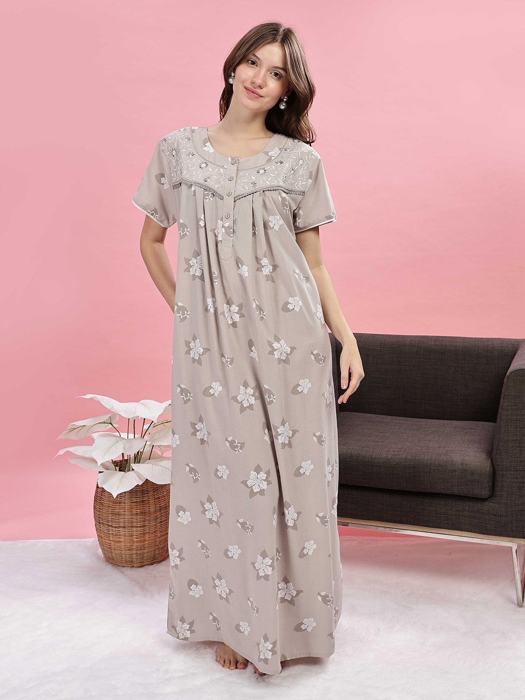 

9shines Label Women Embroidered Maxi Nightdress, Grey