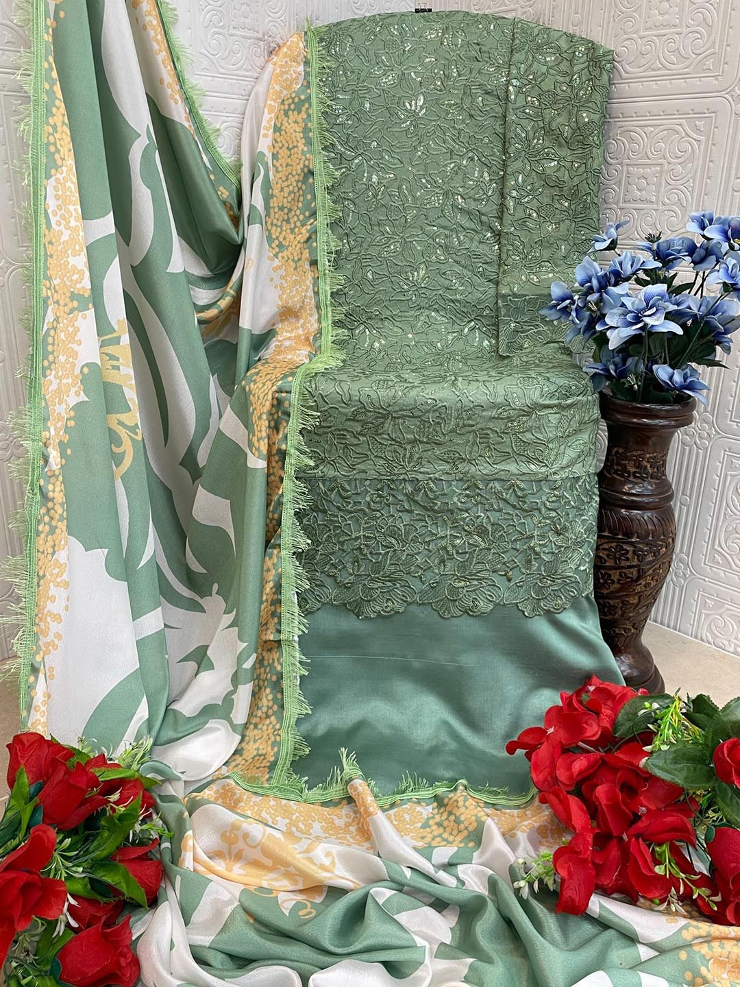 

ANAMSA Floral Sequence Semi-Stitched Dress Material, Green