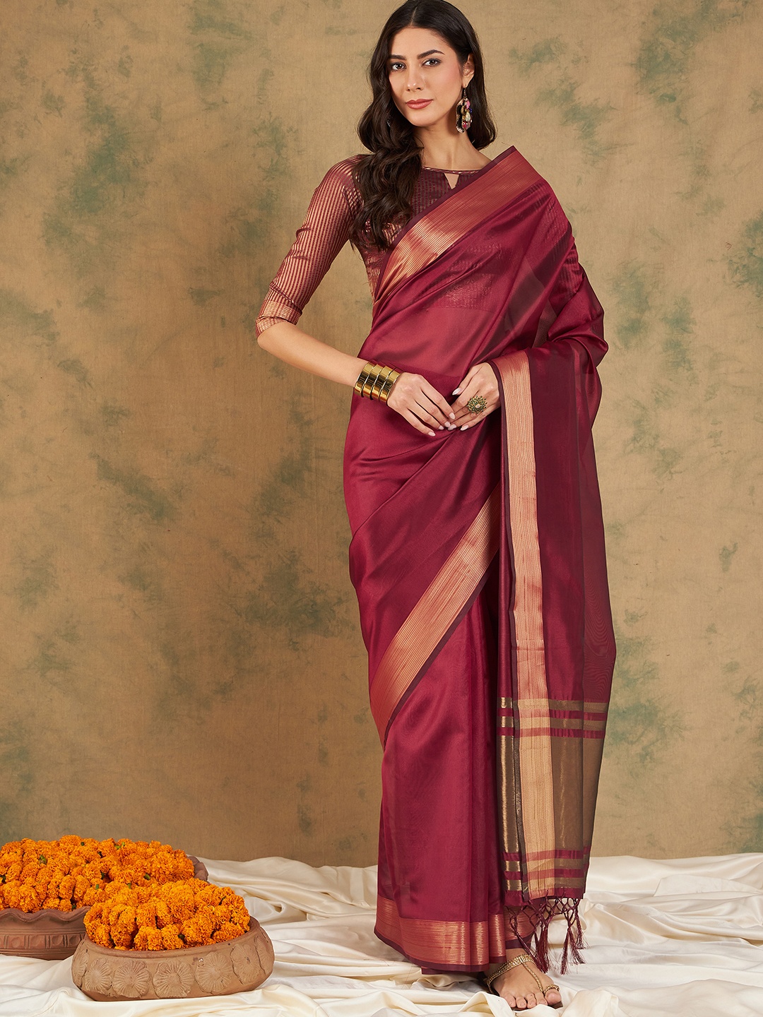 

KALINI Zari Organza Kanjeevaram Saree, Maroon