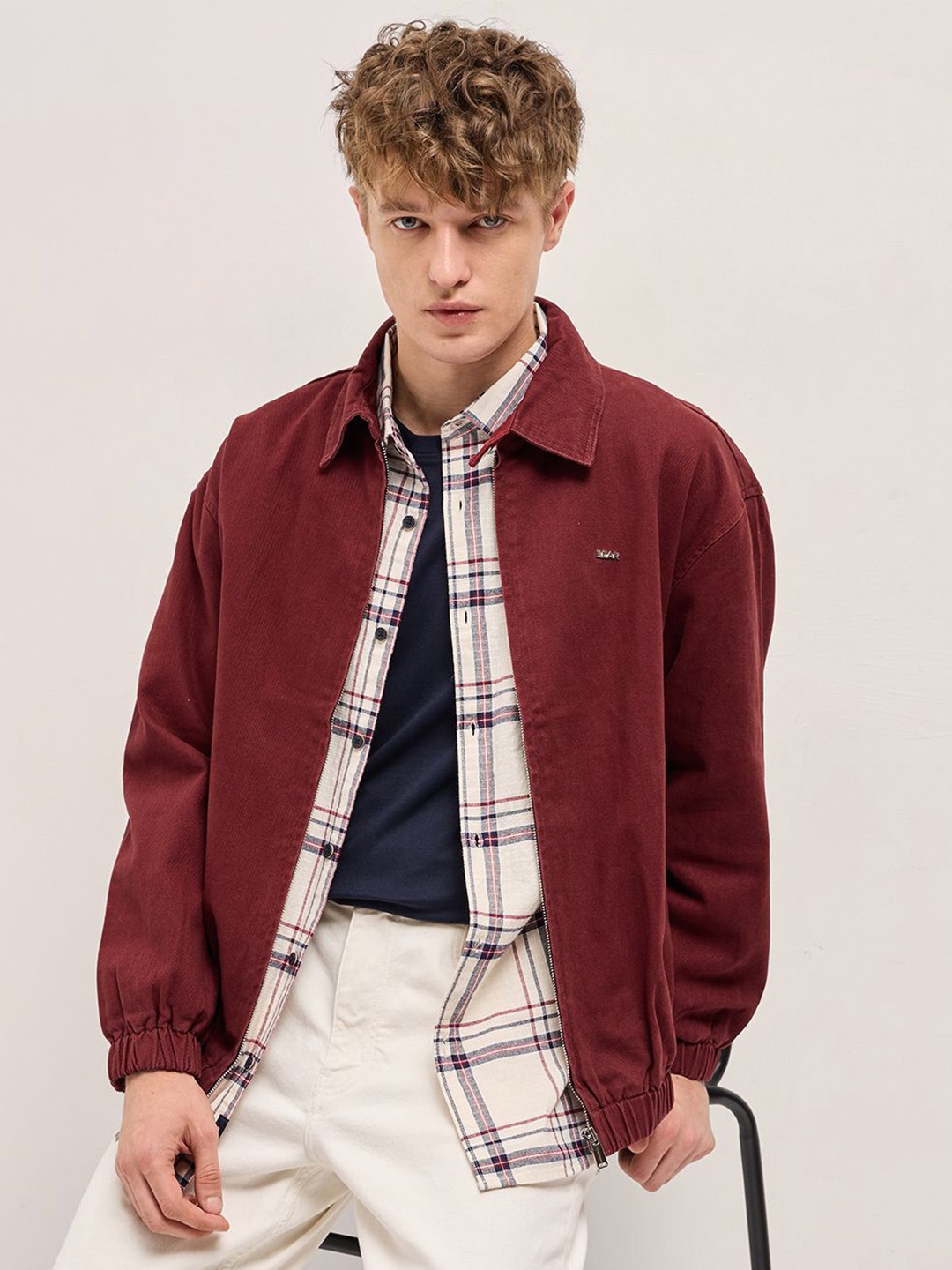 

THE BEAR HOUSE Men Spread Collar Solid Cotton Casual Bomber Jacket, Maroon