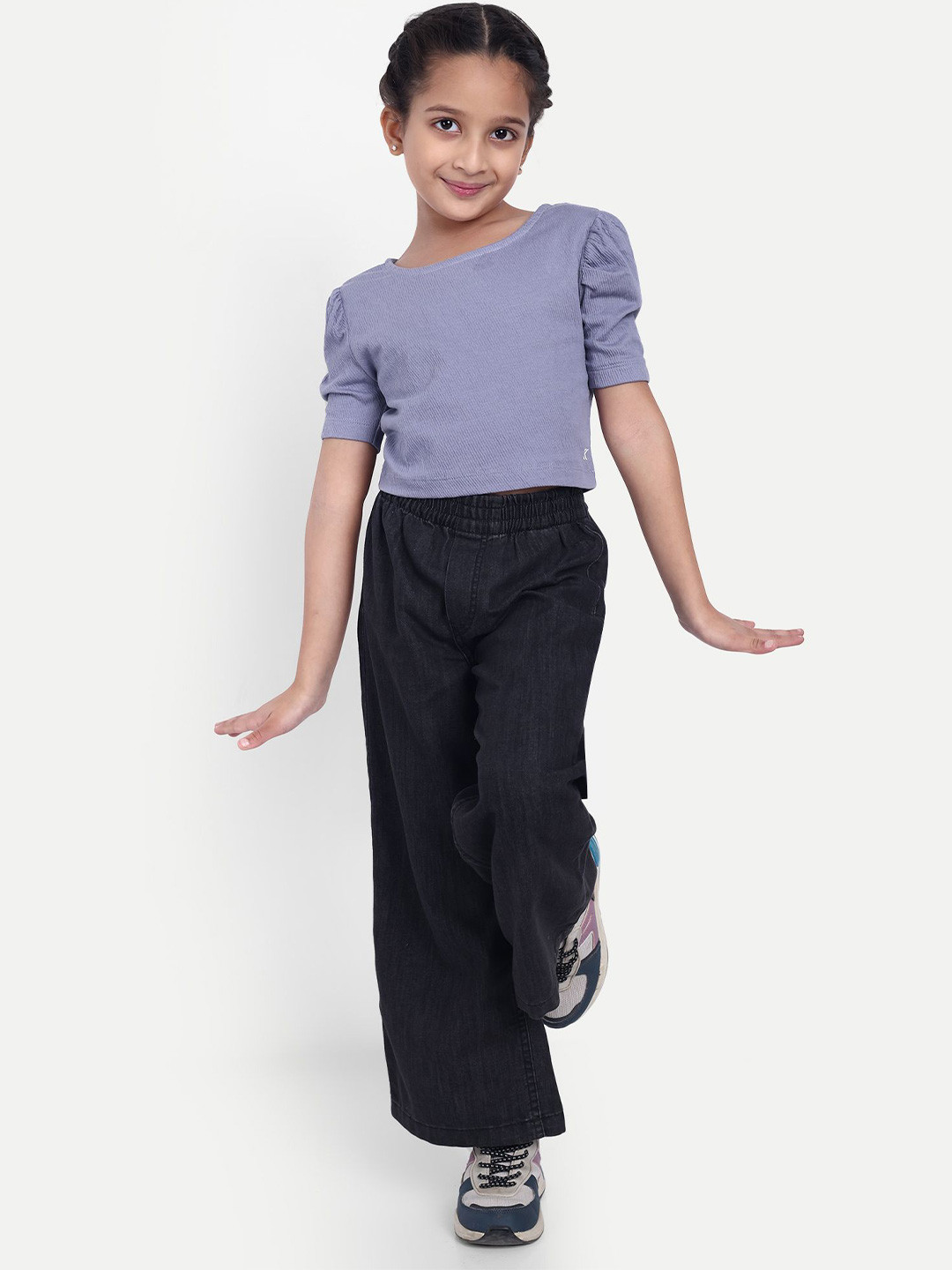 

ONE SKY Girls Puff Sleeves Cotton Crop Top, Lavender