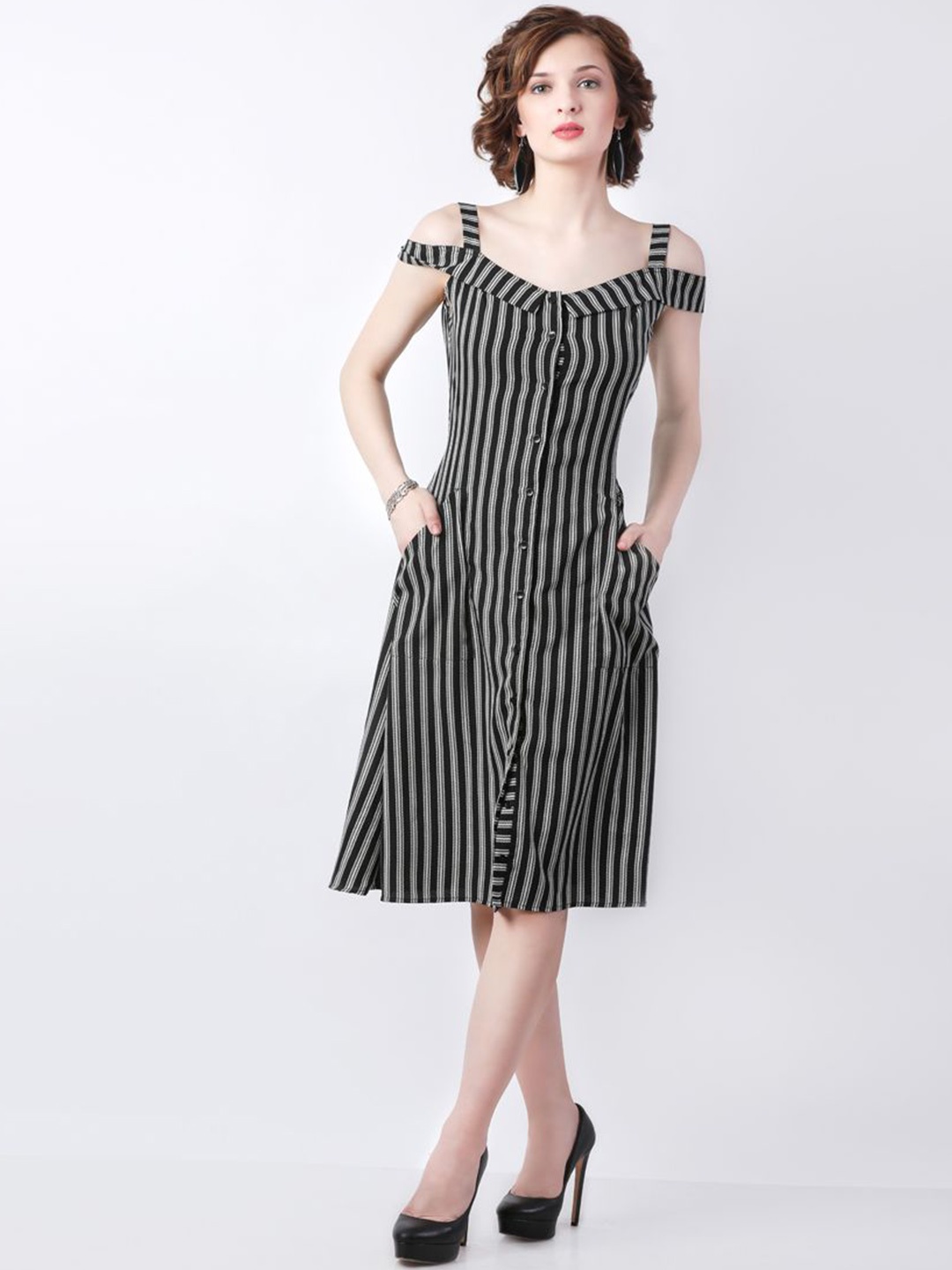 

DELIS Striped Off-Shoulder Georgette A-Line Dress, Black