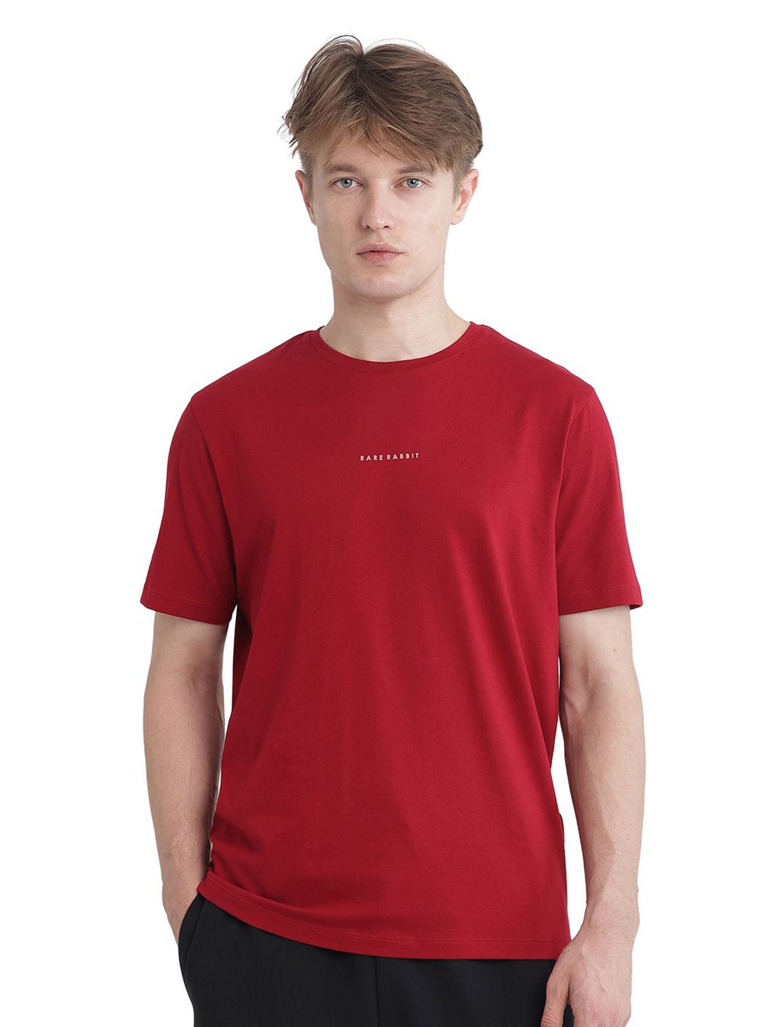 

RARE RABBIT Men Solid Round Neck Cotton T-shirt, Red