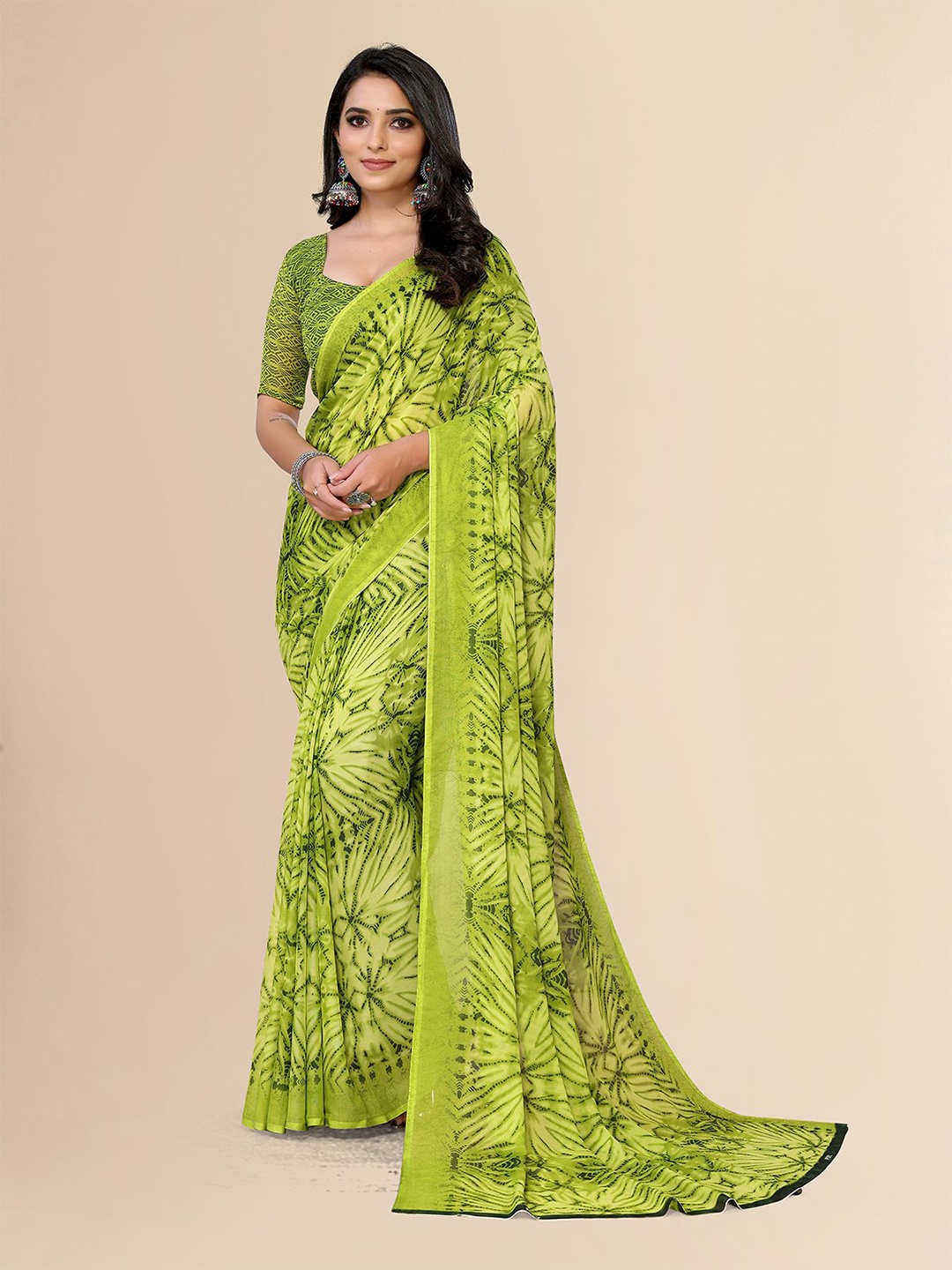 

Moda Rapido Women Printed Saree With Unstiched Blouse Piece, Green