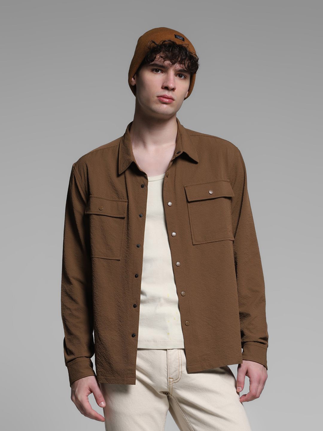 

Jack & Jones Men Boxy Fit Spread Collar Solid Casual Shirt, Brown