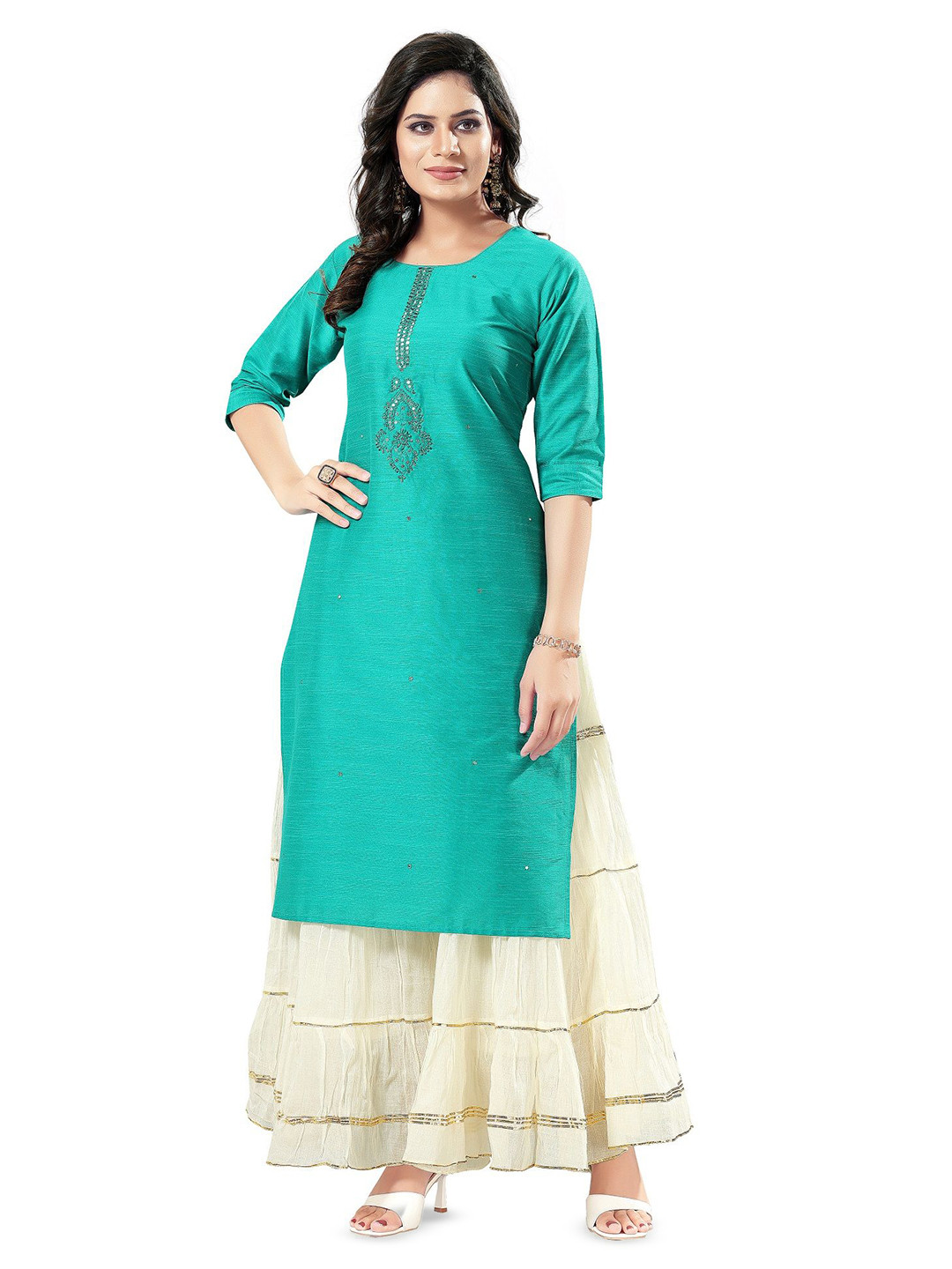 

DREAM & DZIRE Woven Design Mirror Work Round Neck Straight Kurta, Blue