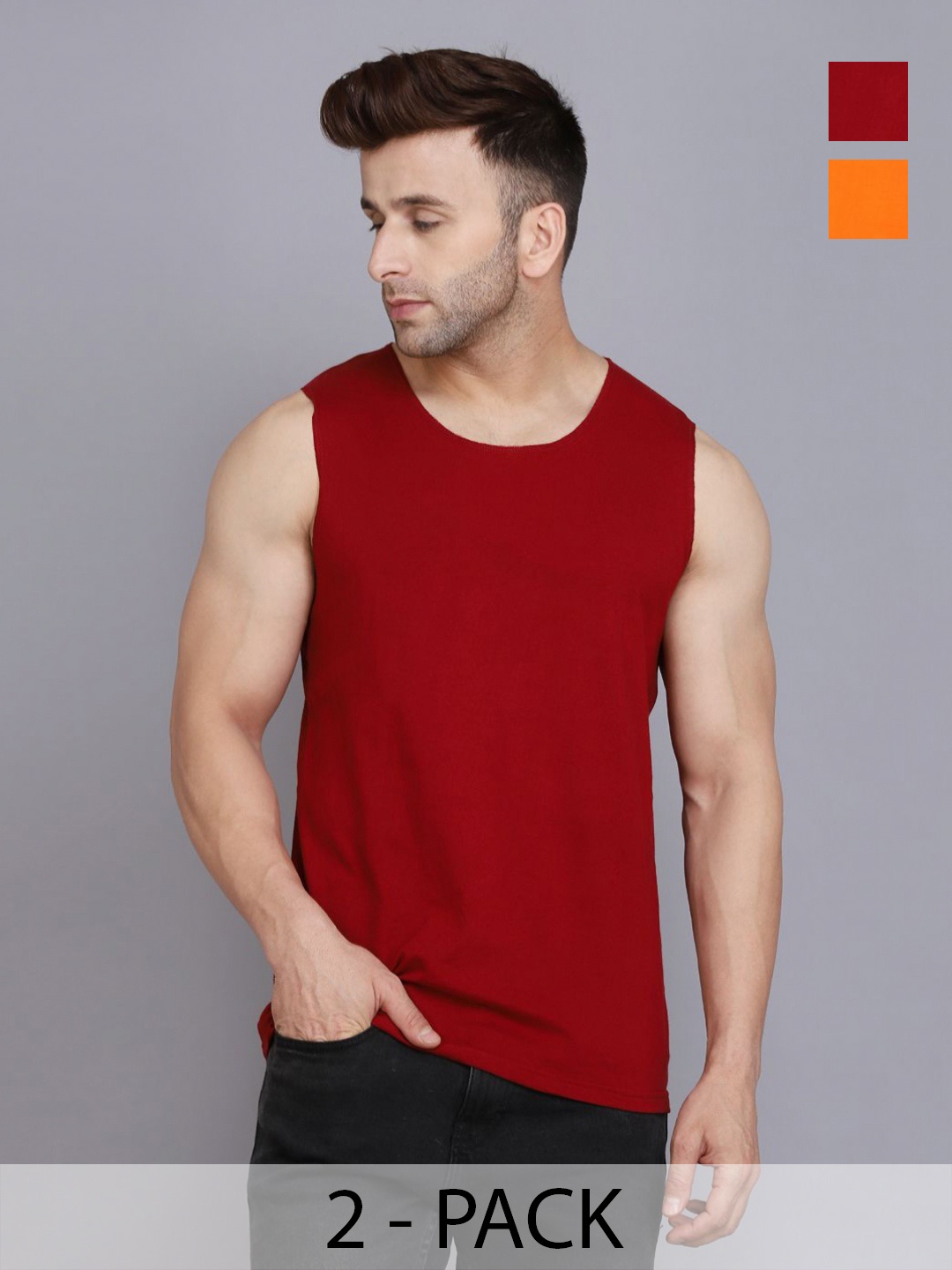 

WOOSTRO Men Pack Of 2 Solid Round Neck Cotton Slim Fit T-shirts, Maroon