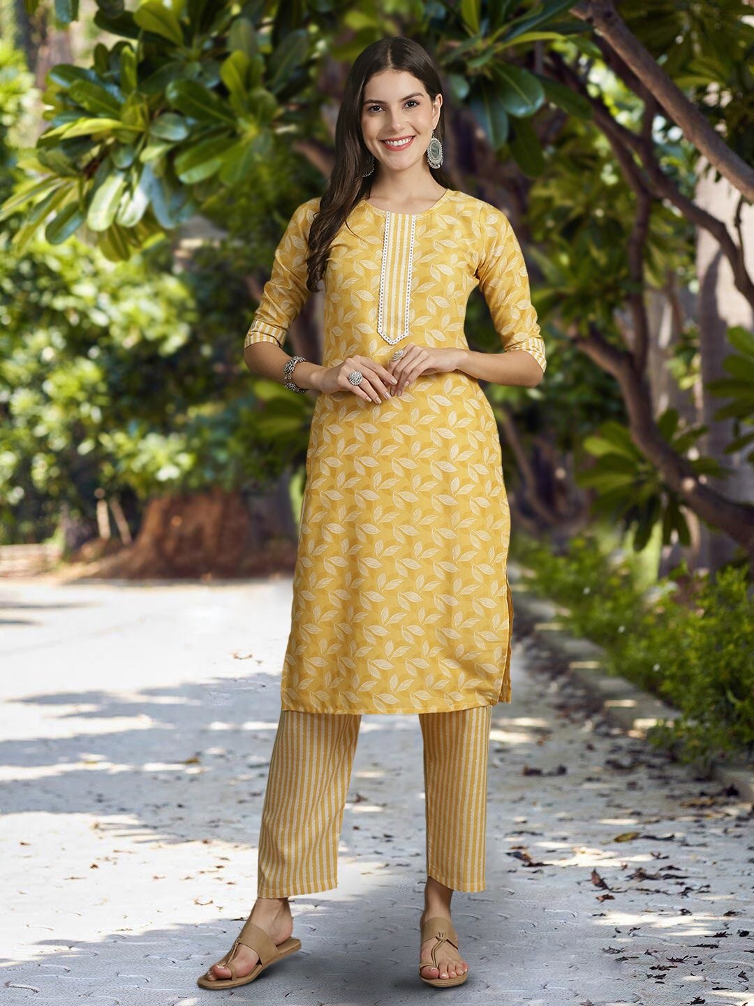 

Moda Rapido Floral Printed Round Neck Straight Kurta With Trouser And Dupatta, Yellow