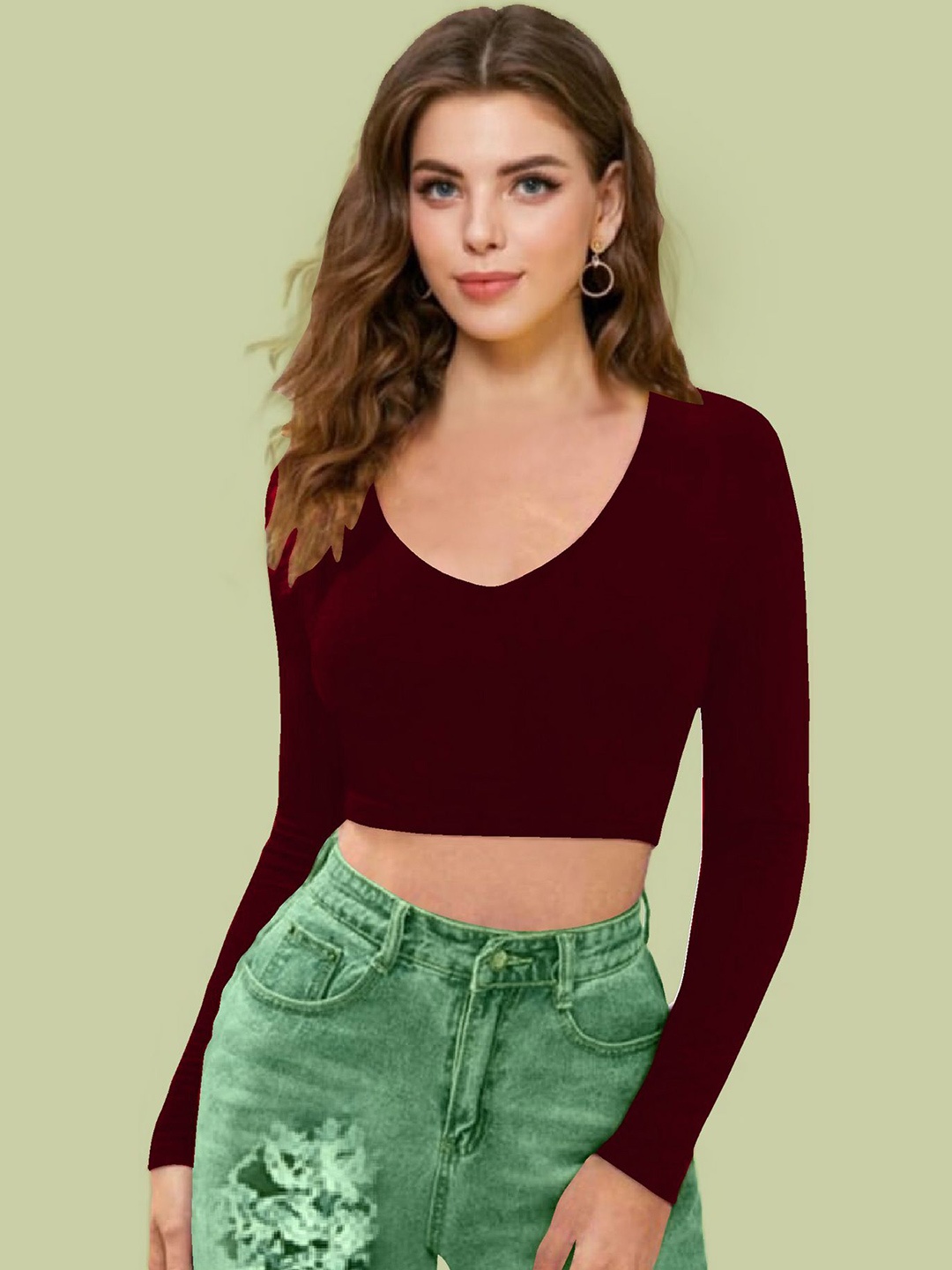 

Dream Beauty Fashion Women V-Neck Long Sleeves Fitted Crop Top, Maroon