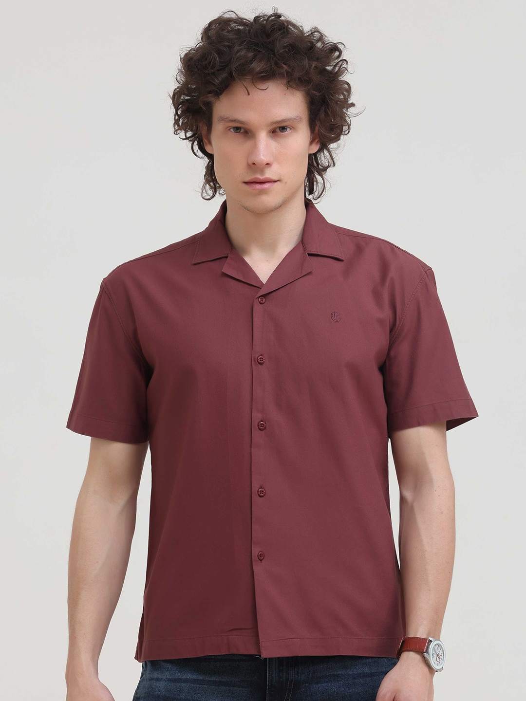 

Grit and Flair Men Comfort Fit Cuban Collar Solid Cotton Casual Shirt, Maroon