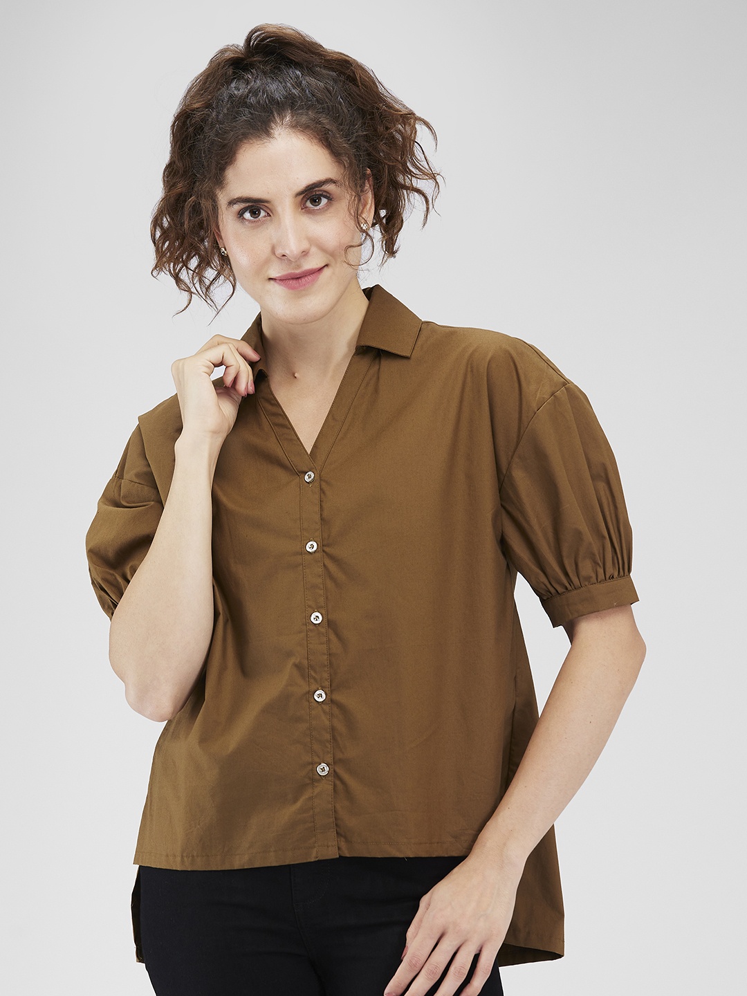 

Iti Women Spread Collar Solid Cotton Casual Shirt, Brown