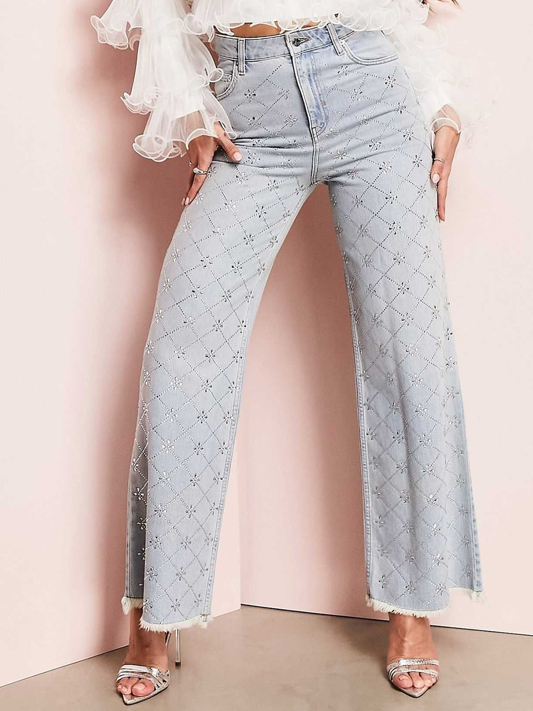 

Wear Your Words Women Wide Leg High-Rise Highly Distressed Embellished Jeans, Blue