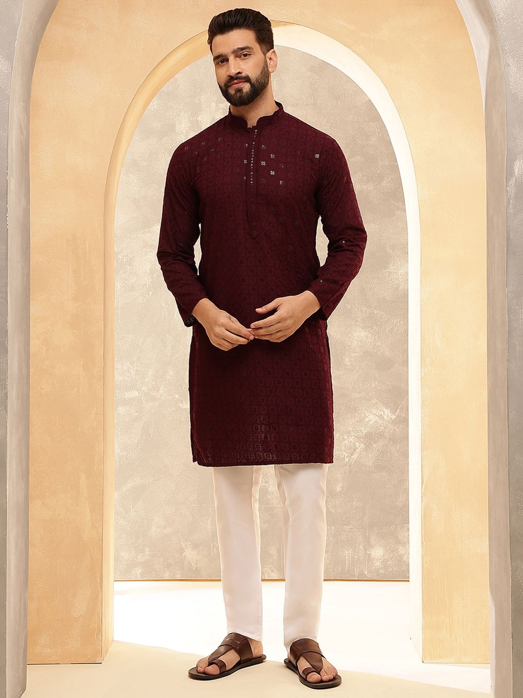 

Anouk Wine Geometric Embroidered Sequinned Mandarin Collar Pure Cotton Kurta With Pyjama, Burgundy