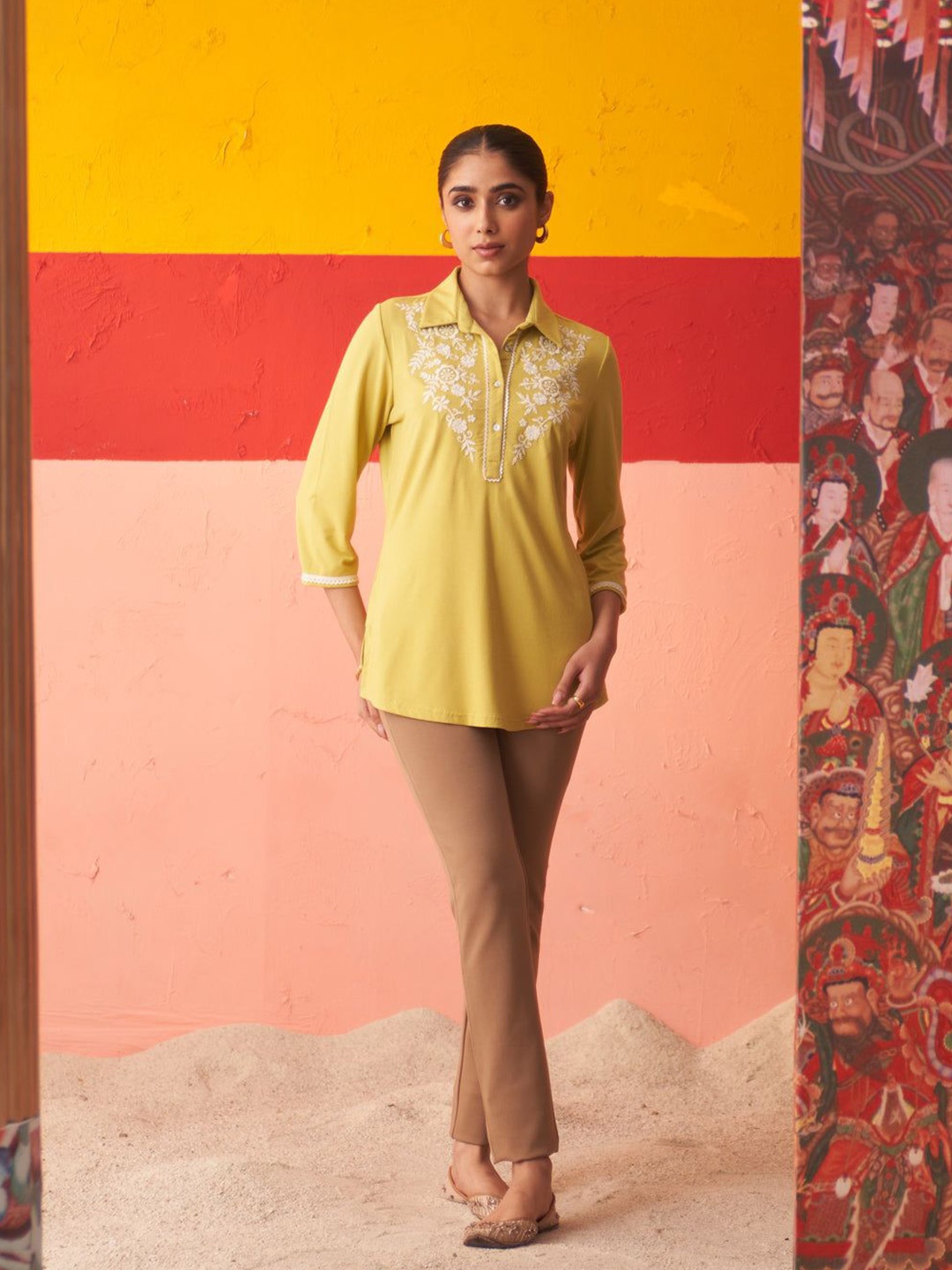 

Lakshita Floral Embroidered Shirt Collar Thread Work Thread Work Kurti, Mustard