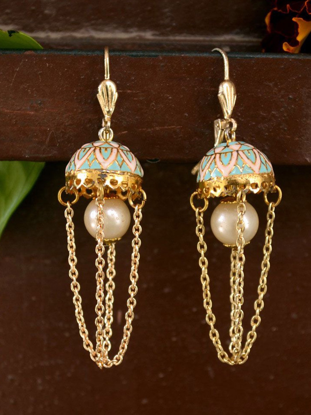 

BeAbhika Gold-Plated Pearls Dome Shaped Moon Under The Jhumkas, Turquoise blue