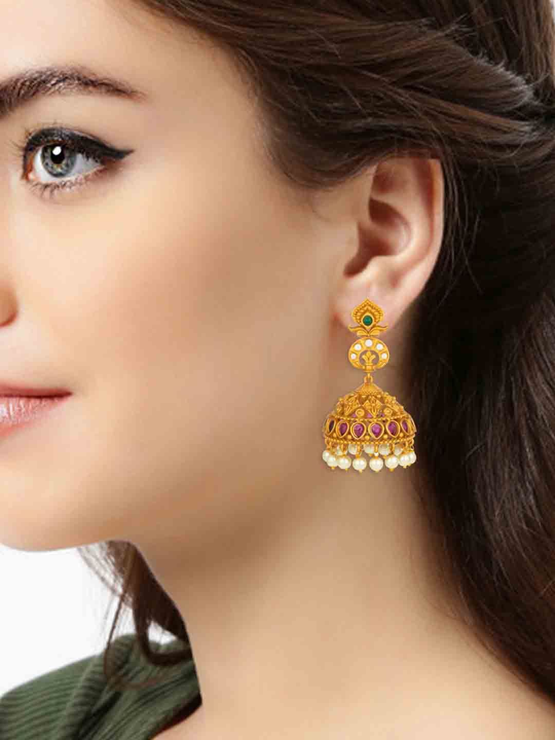 

Peora Gold-Plated Artificial Stones Studded Pearls Beaded Dome Shaped Jhumkas