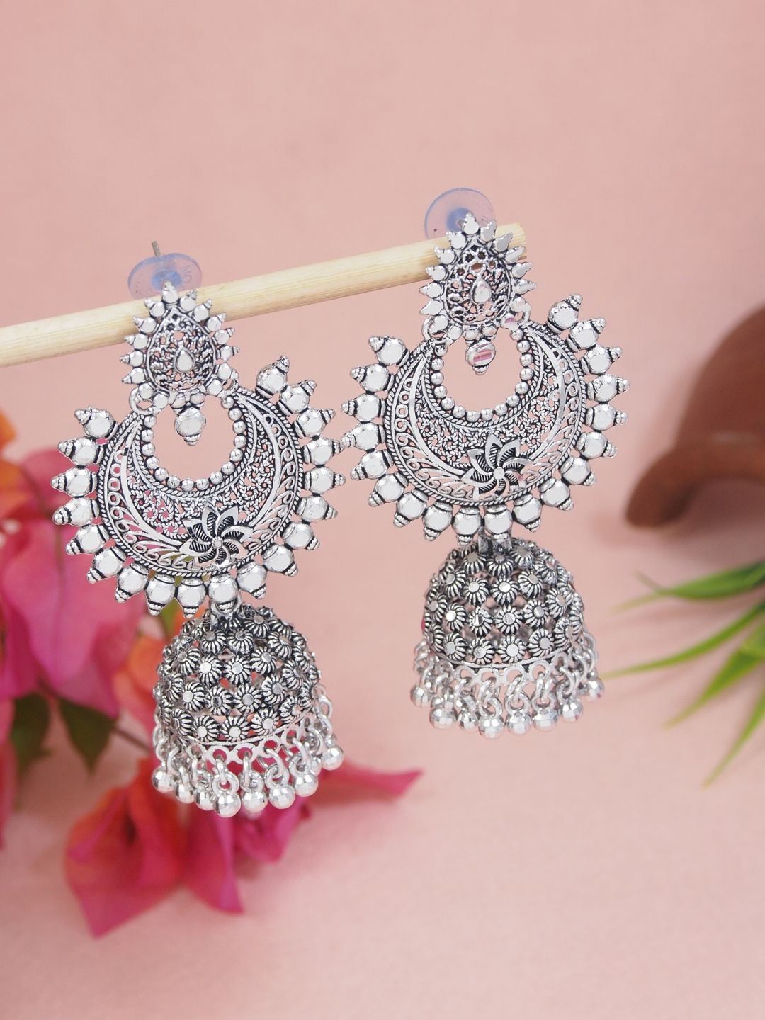 

I Jewels Contemporary Chandbalis Earrings, Silver