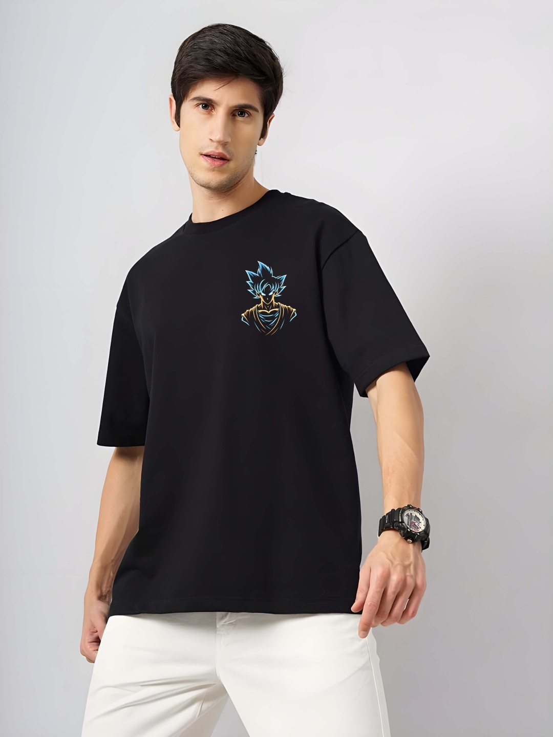 

BOWLIFESTYLE Men Dragon Ball Z Graphic Printed Round Neck Cotton Oversized T-shirt, Black