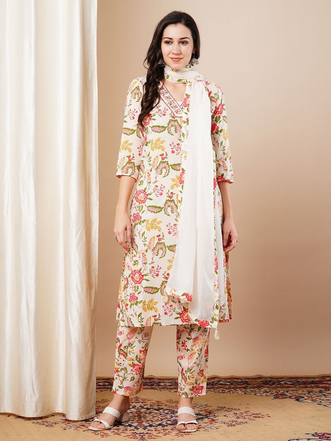 

FASHOR Women Ethnic Motifs Printed Regular Mirror Work Pure Cotton Kurta with Trousers & With Dupatta, Cream