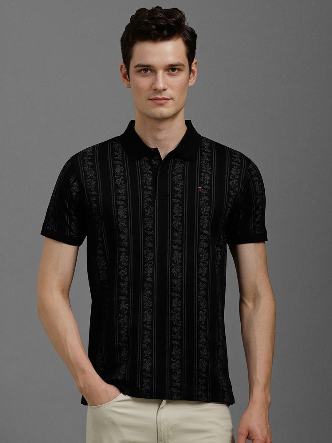 

Louis Philippe Sport Men Floral Printed Polo Collar Cotton Slim Fit T-shirt, Black