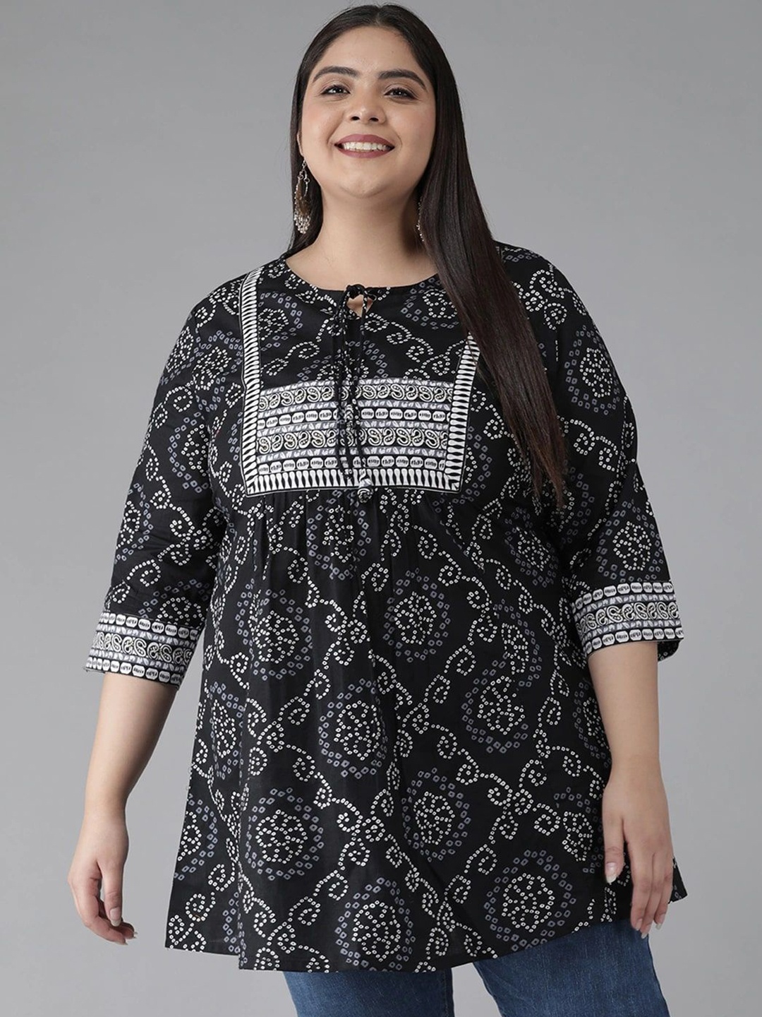 

KALINI Women Plus Size Bandhani Printed Pure Cotton Kurti, Black