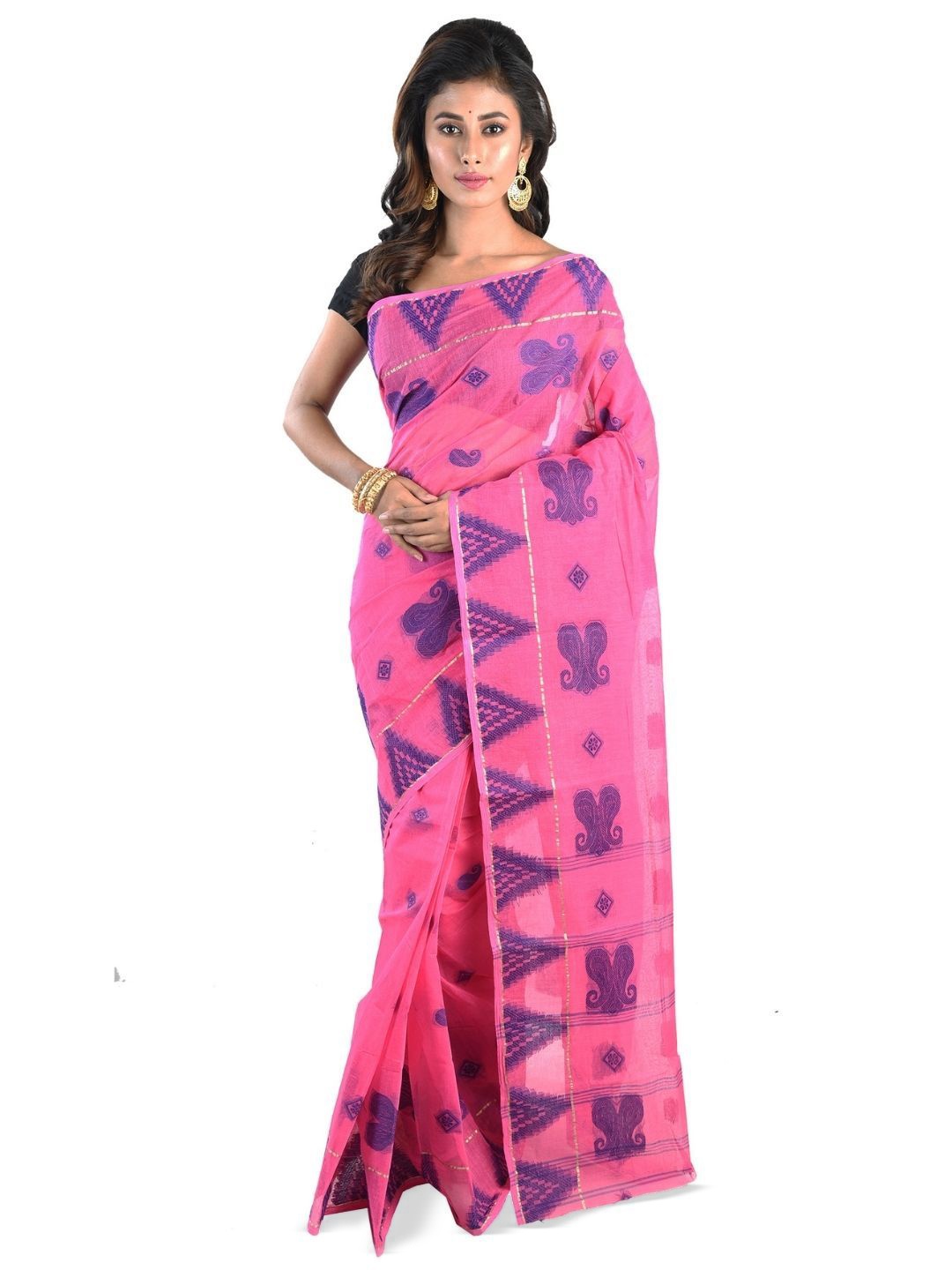 

RAJ SAREE HOUSE Ethnic Motifs Pure Cotton Jamdani Saree, Pink