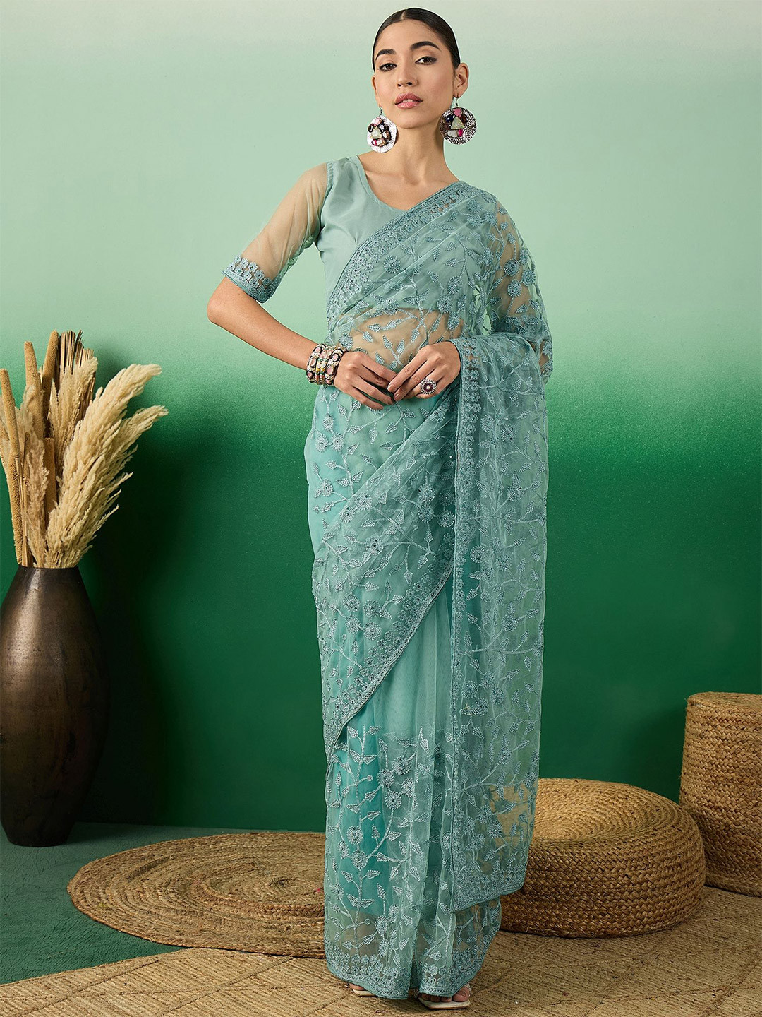 

DEVATITHI Embroidered Floral Net Saree, Teal