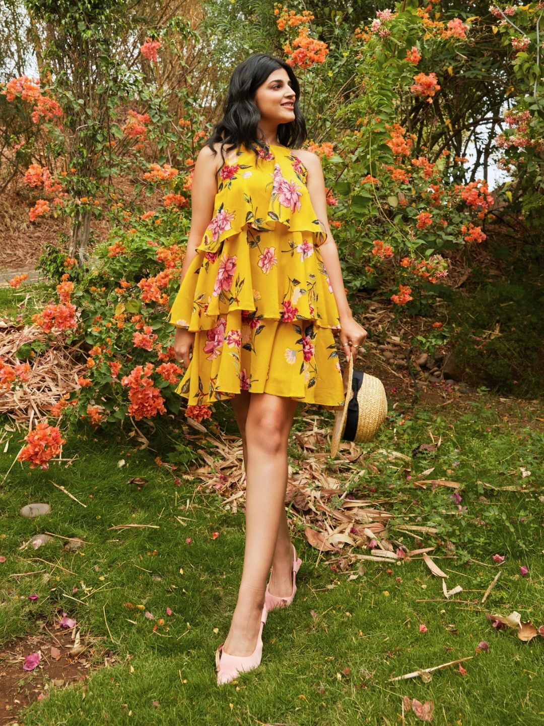 

Prose Stories Floral Print Halter Neck Layered Chiffon A-Line Mini Dress, Yellow