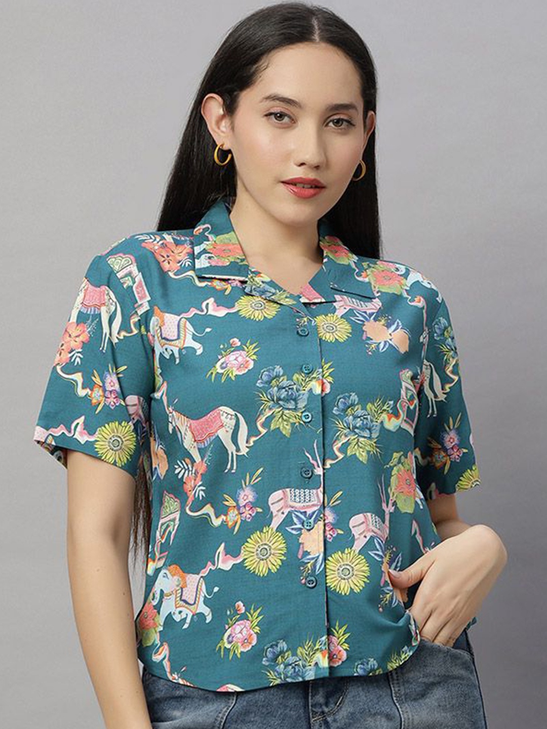 

Wear Your Opinion Women Relaxed Floral Opaque Printed Casual Shirt, Teal