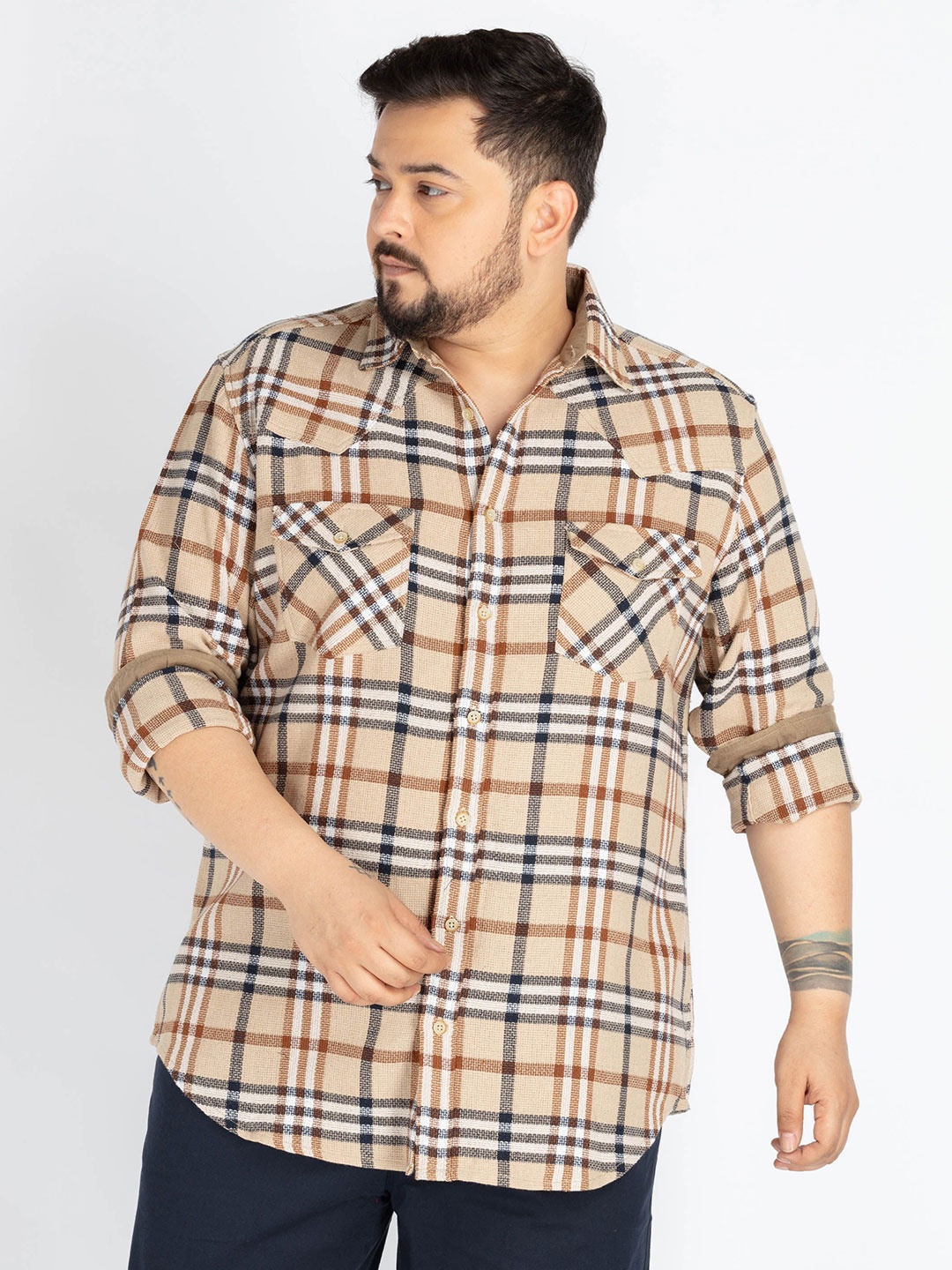 

UNSIZED Men Comfort Oversized Fit Spread Collar Tartan Checked Cotton Casual Shirt, Beige