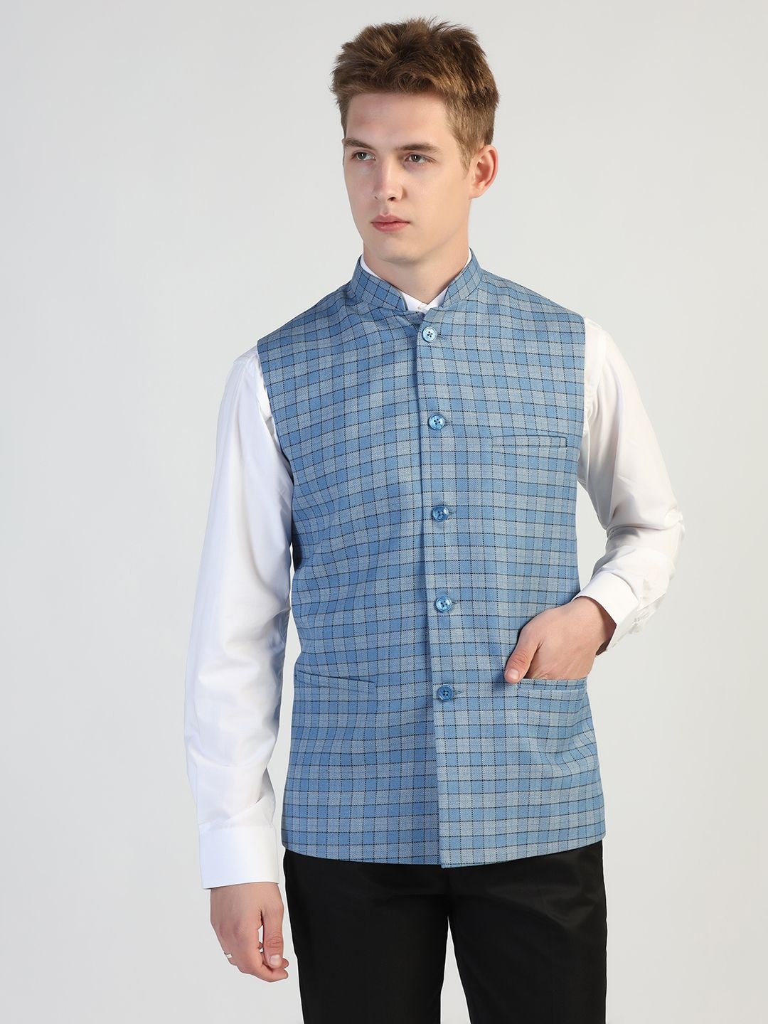 

PTAHVO Checked Mandarin Collar Nehru Jacket, Blue