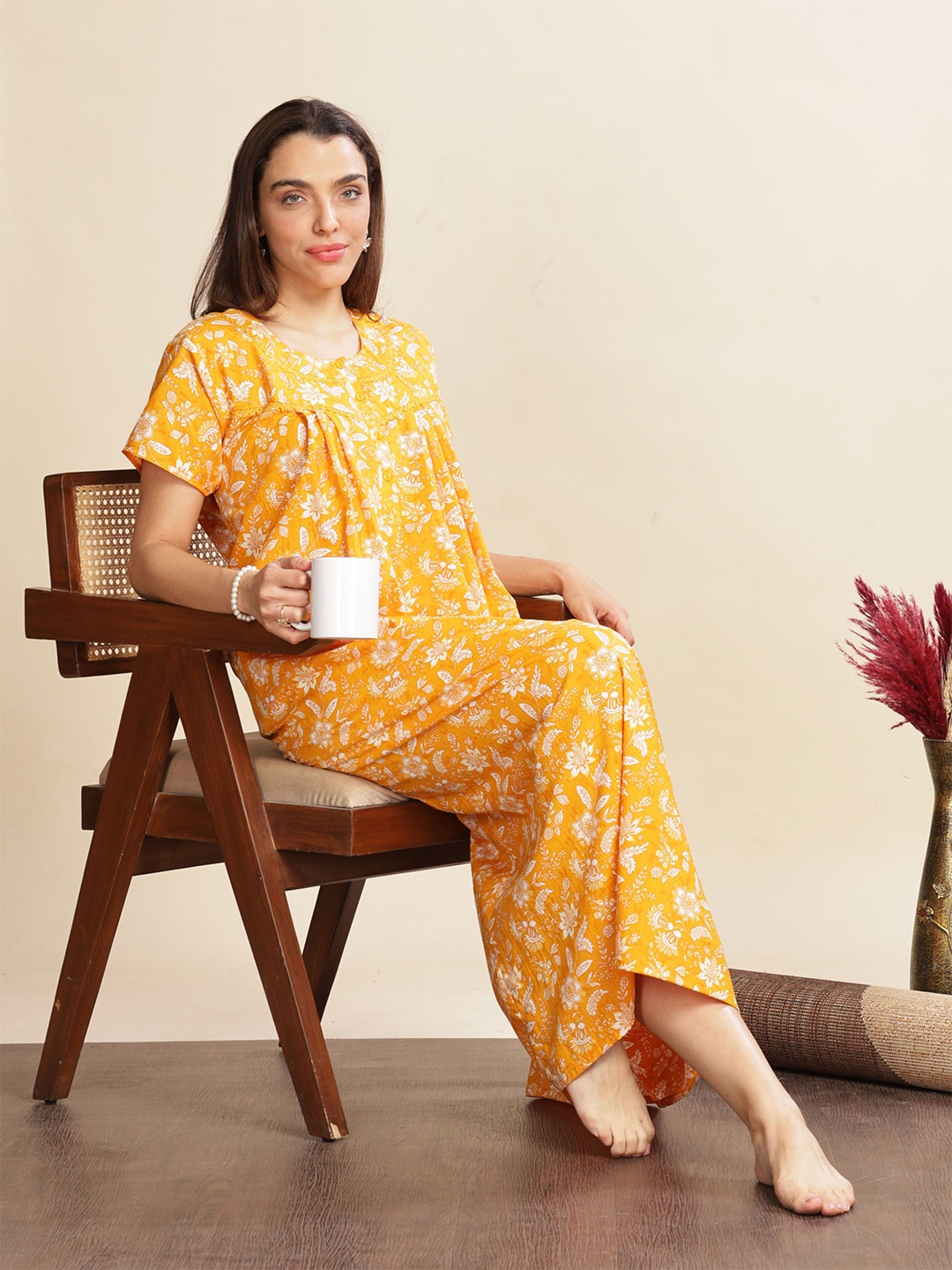 

9shines Label Women Printed Round Neck Pure Cotton Maxi Nightdress, Yellow