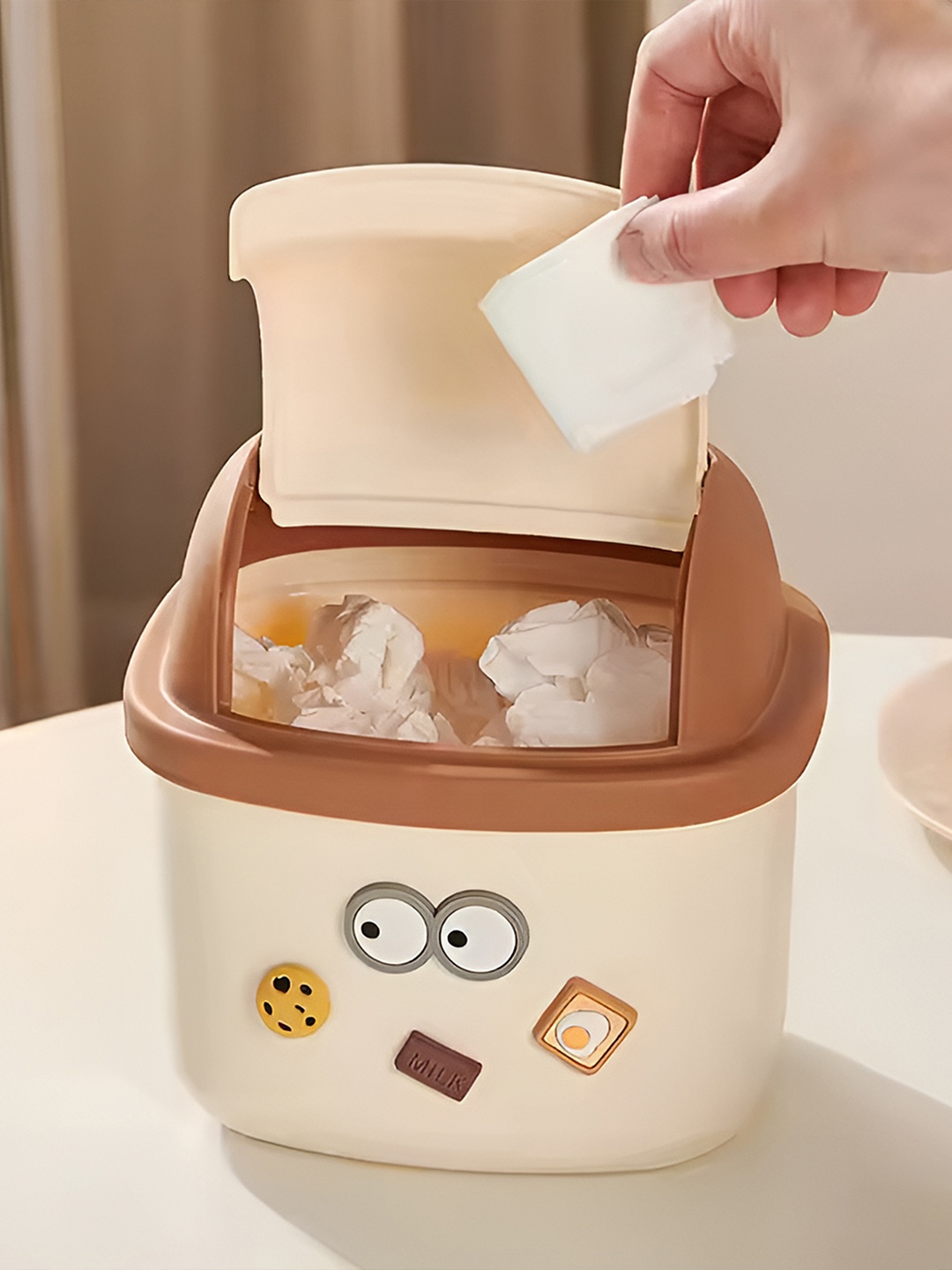

DecorTwist Beige & Brown Self Design Mini Table Desk Dustbin with Swing Lid for Home