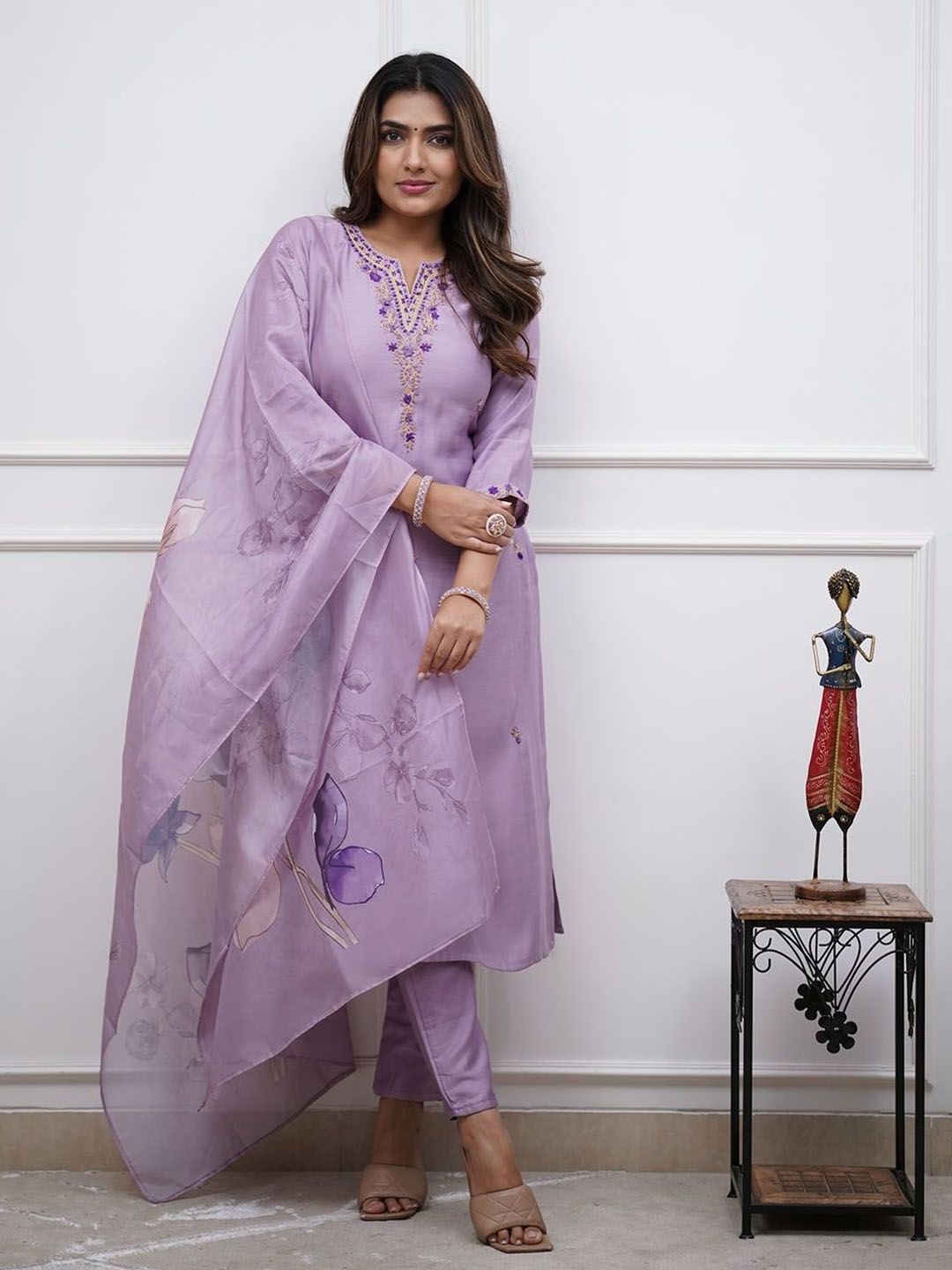 

KALINI Floral Embroidered Notch Neck Straight Kurta With Trousers & Dupatta, Purple