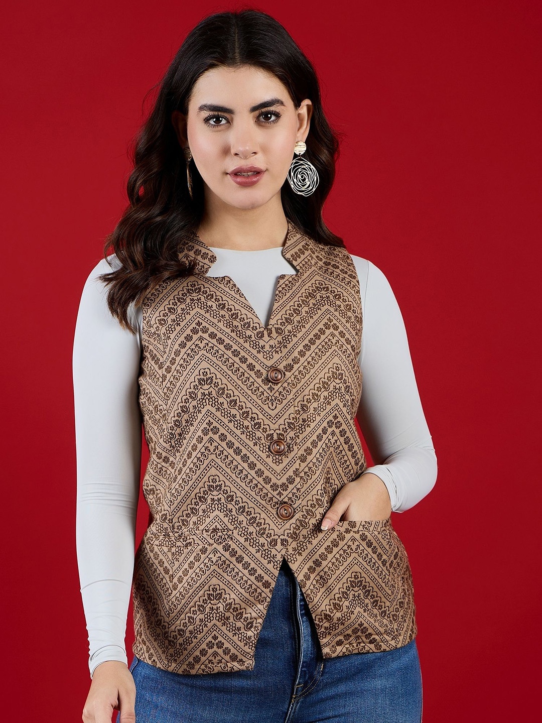 

SAHASIKA Women Floral Printed Woollen Casual Tailored Jacket, Coffee brown