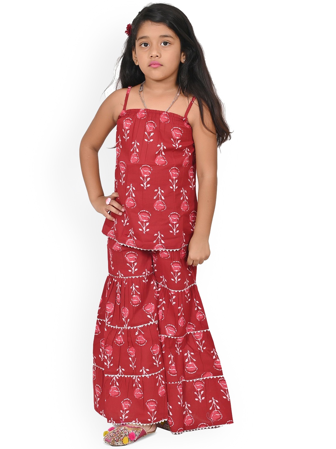

Megha Overseas Girls Floral Printed Shoulder Straps Pure Cotton Kurta With Sharara, Red