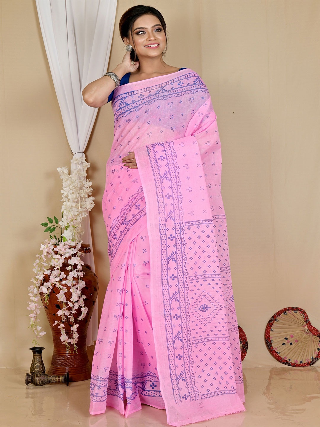 

PuJoy Woven Design Pure Cotton Taant Saree, Pink