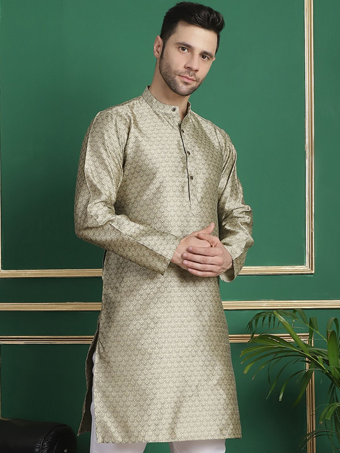 

Anouk Grey Floral Woven Design Mandarin Collar Jacquard silk Straight Kurta