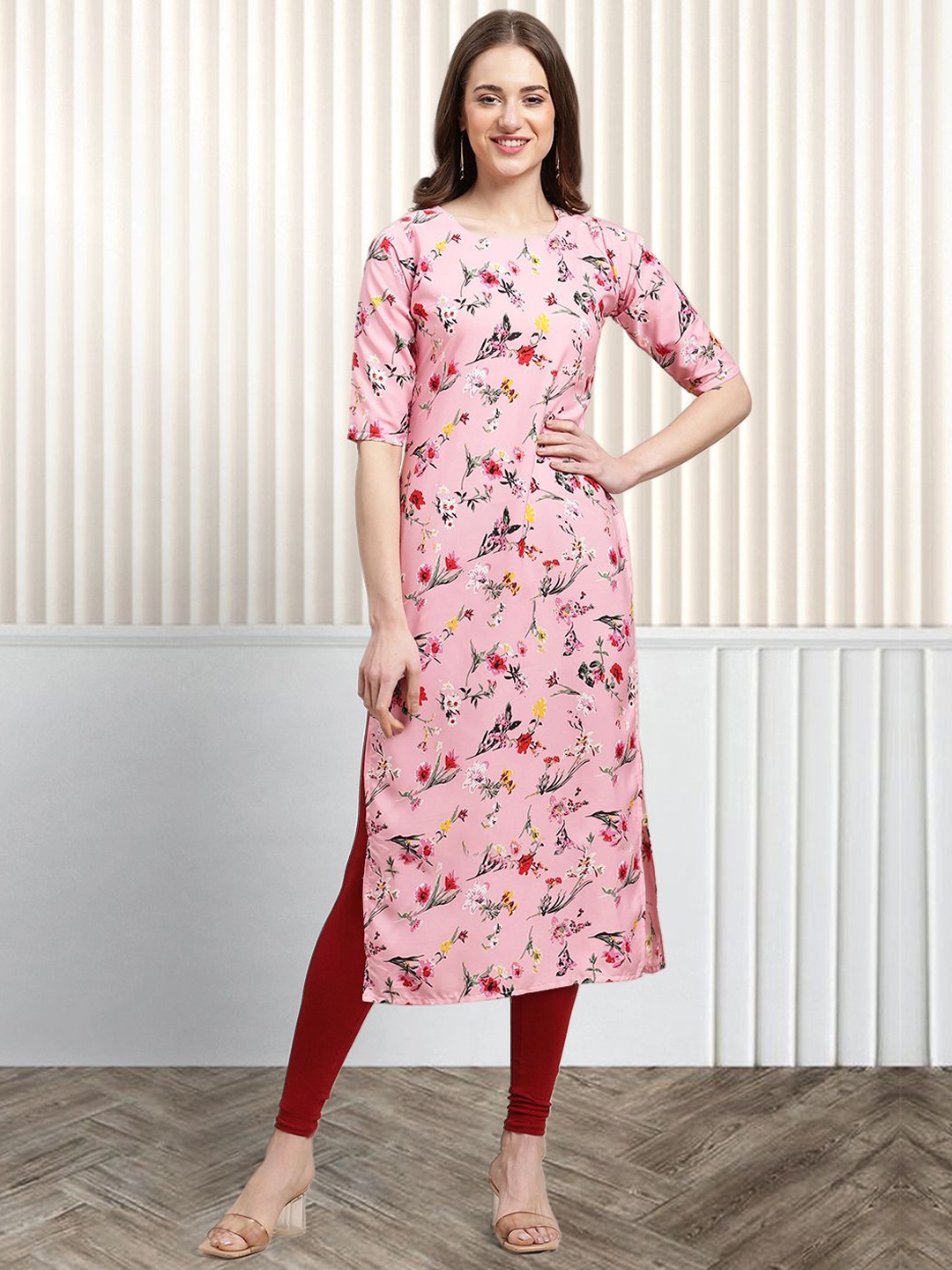 

Moda Rapido Floral Printed Round Neck Straight Kurta, Pink