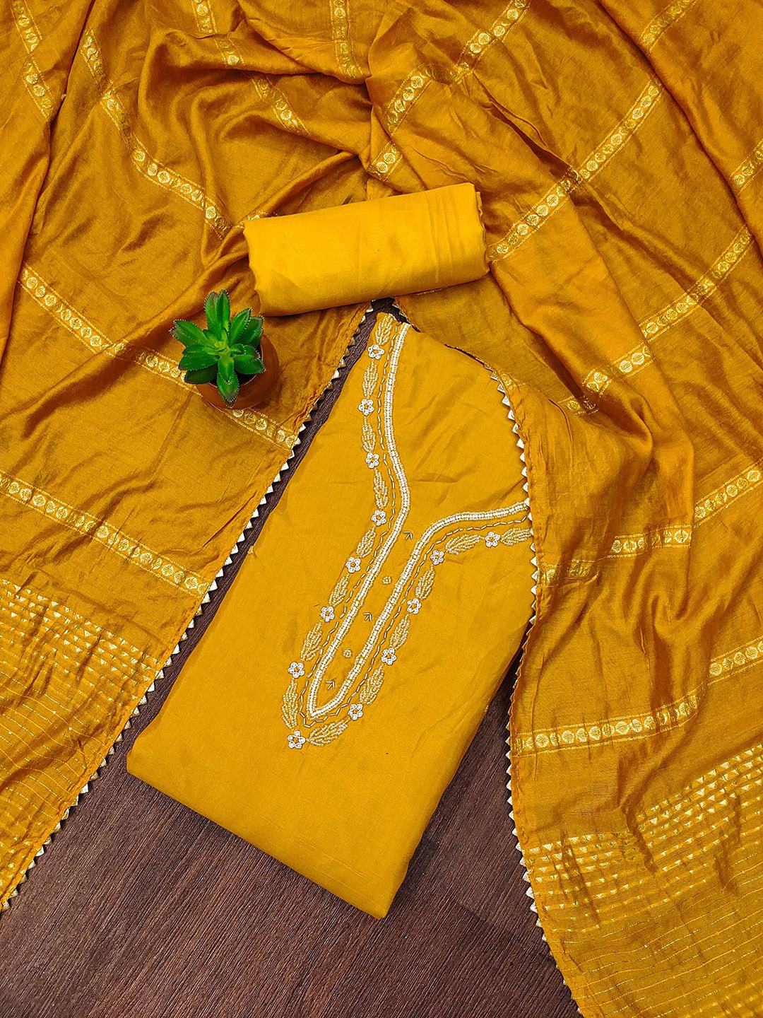 

SHADOW & SAINING Embellished Pure Cotton Unstitched Dress Material, Yellow