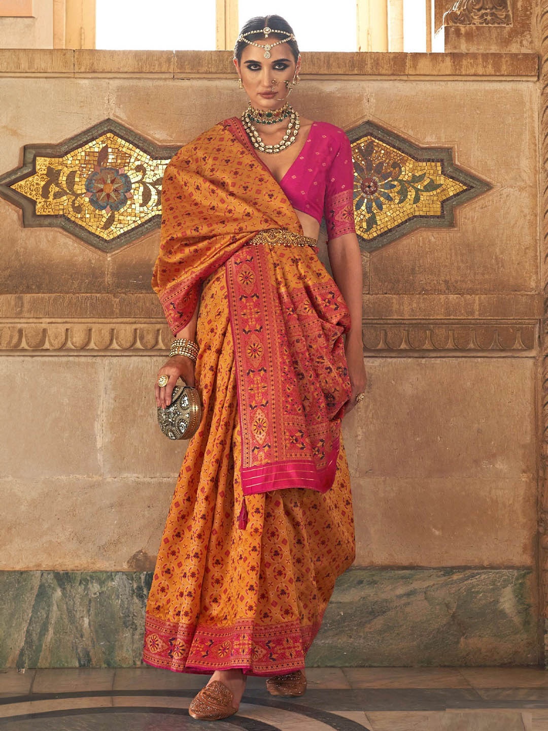 

MAHALASA Woven Design Zari Pure Silk Patola Saree, Mustard