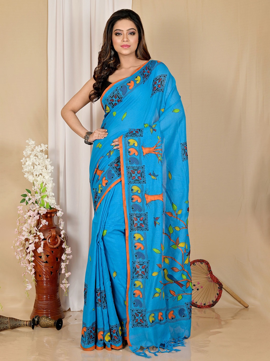 

PuJoy Pure Cotton Handloom Taant Saree, Blue