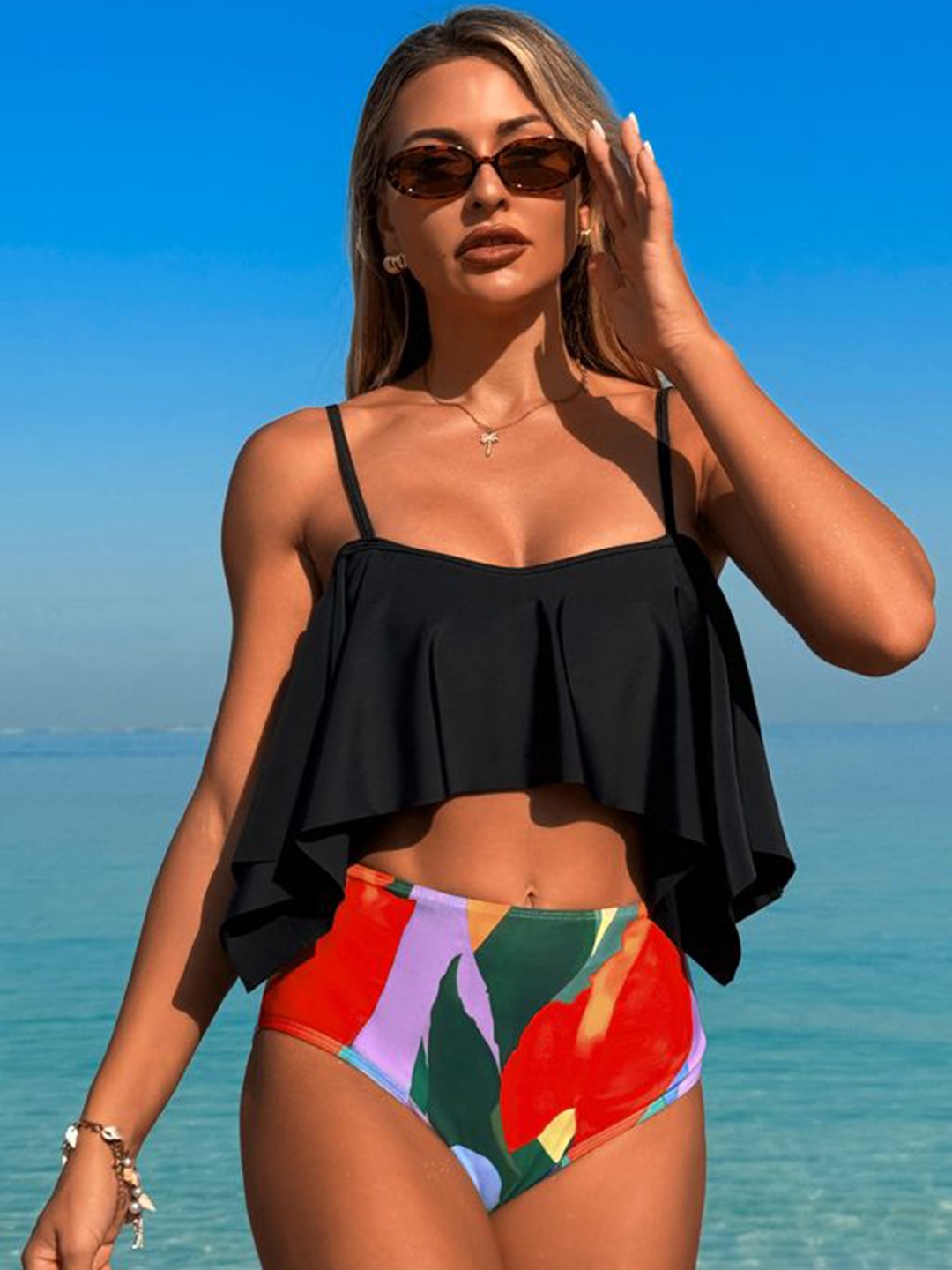 

Plus Curvves Women Spaghetti Straps High Waist High Cut Two Pieces Swimsuit, Black