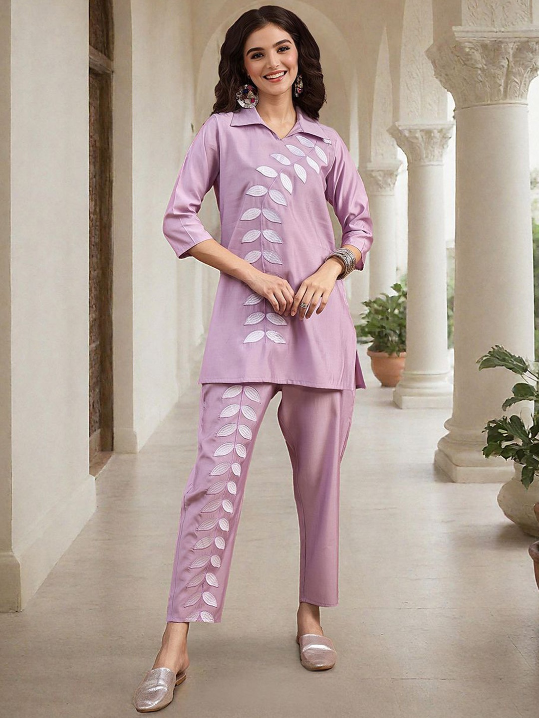 

ISHIN Floral Embroidered Shirt Collar Tunic With Trousers, Purple
