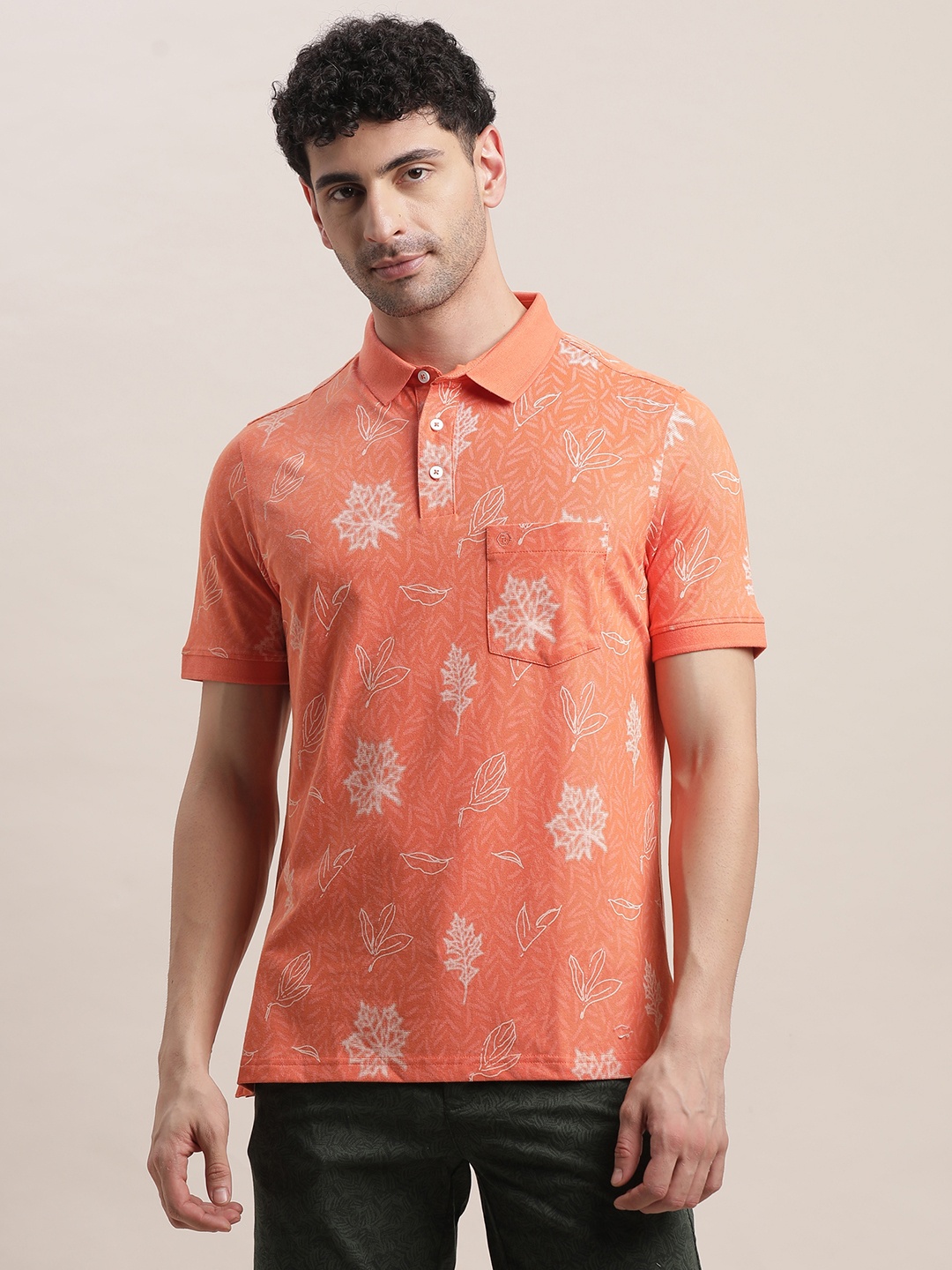 

Turtle Men Floral Printed Polo Collar Oversized T-shirt, Orange