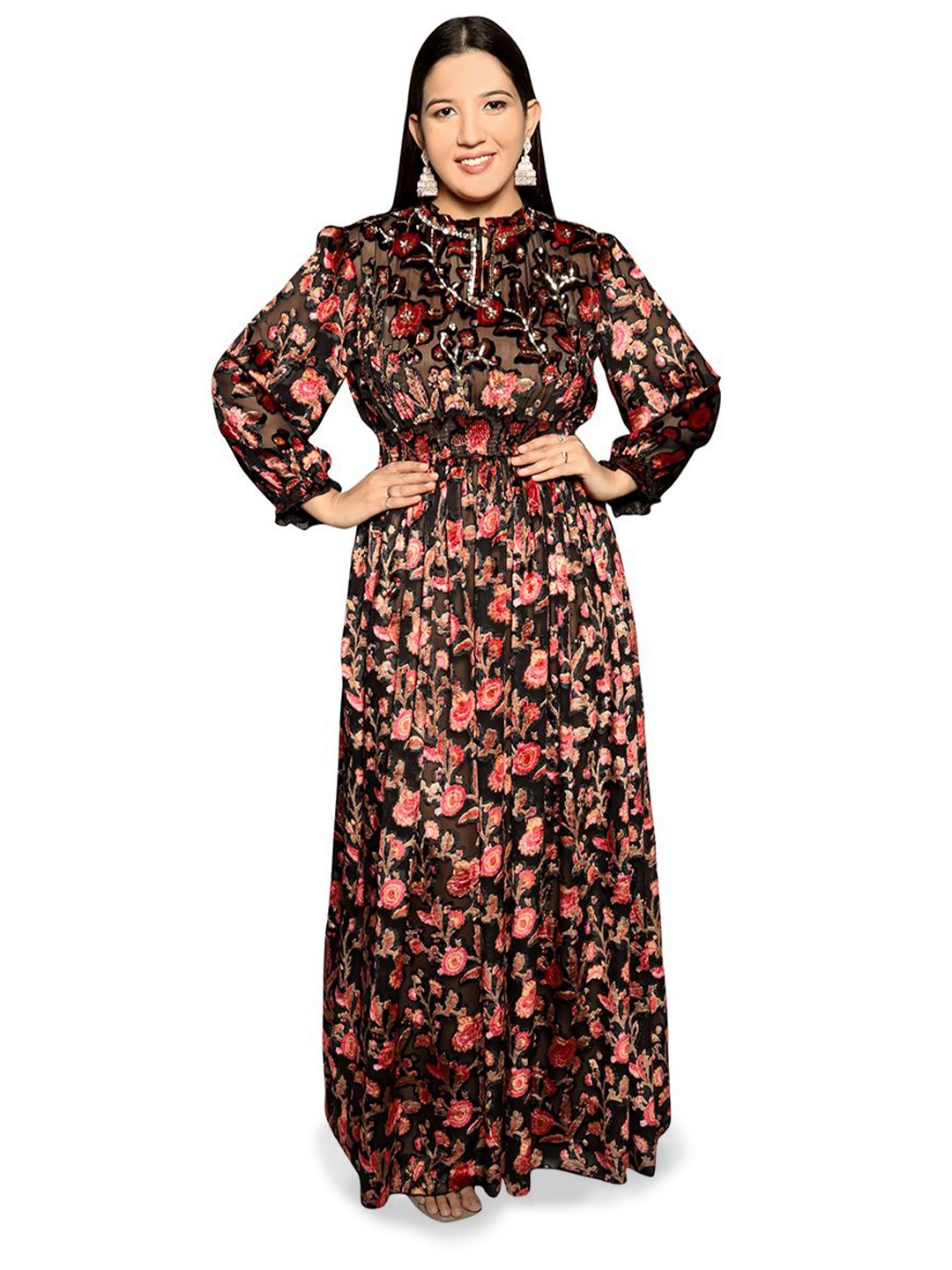 

HOUSE OF PARAL Floral Printed Mandarin Collar Puff Sleeves Fit & Flare Maxi Dress, Red